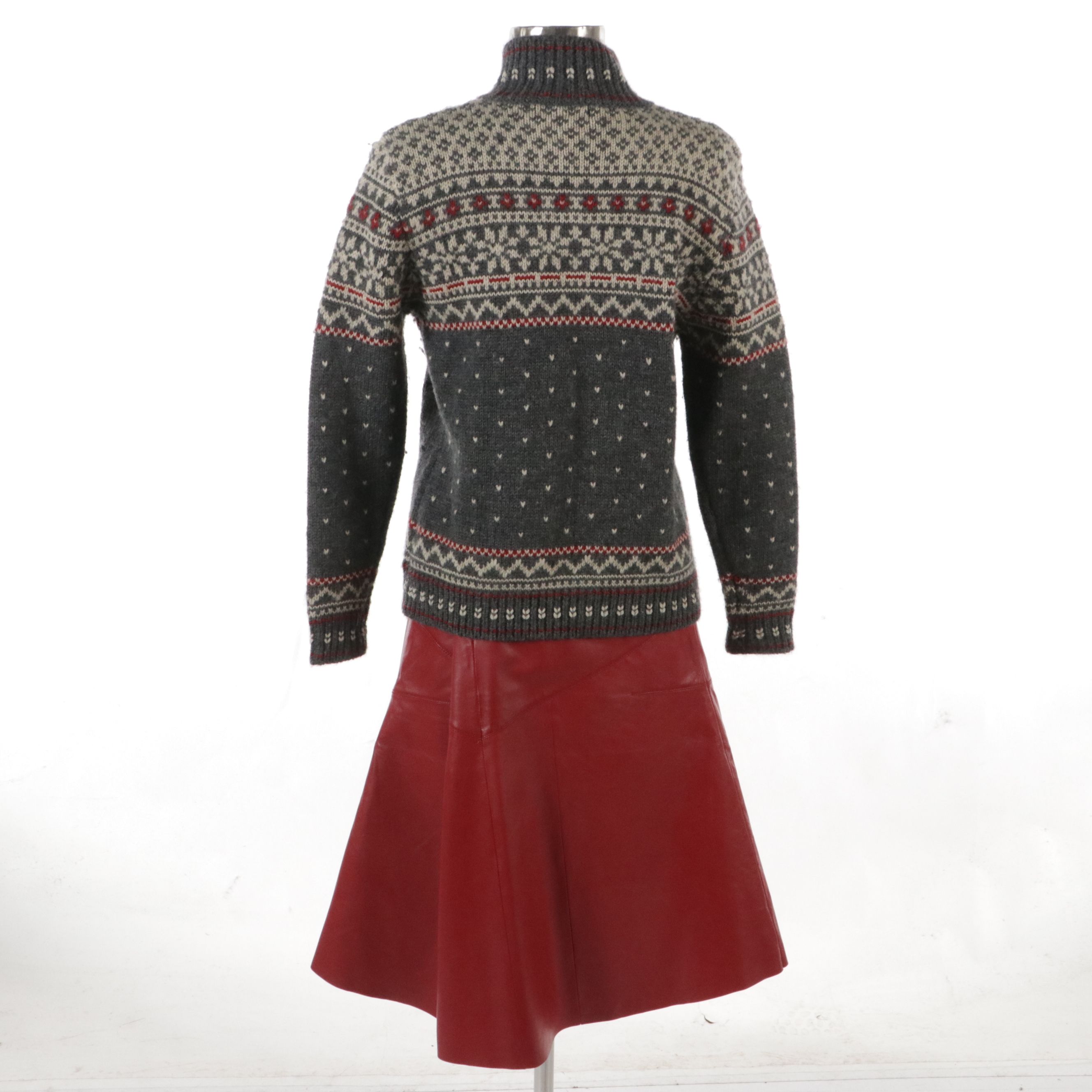 Lauren Ralph Lauren Worsted Wool Cardigan and Margaret Godfrey Red Leather Skirt