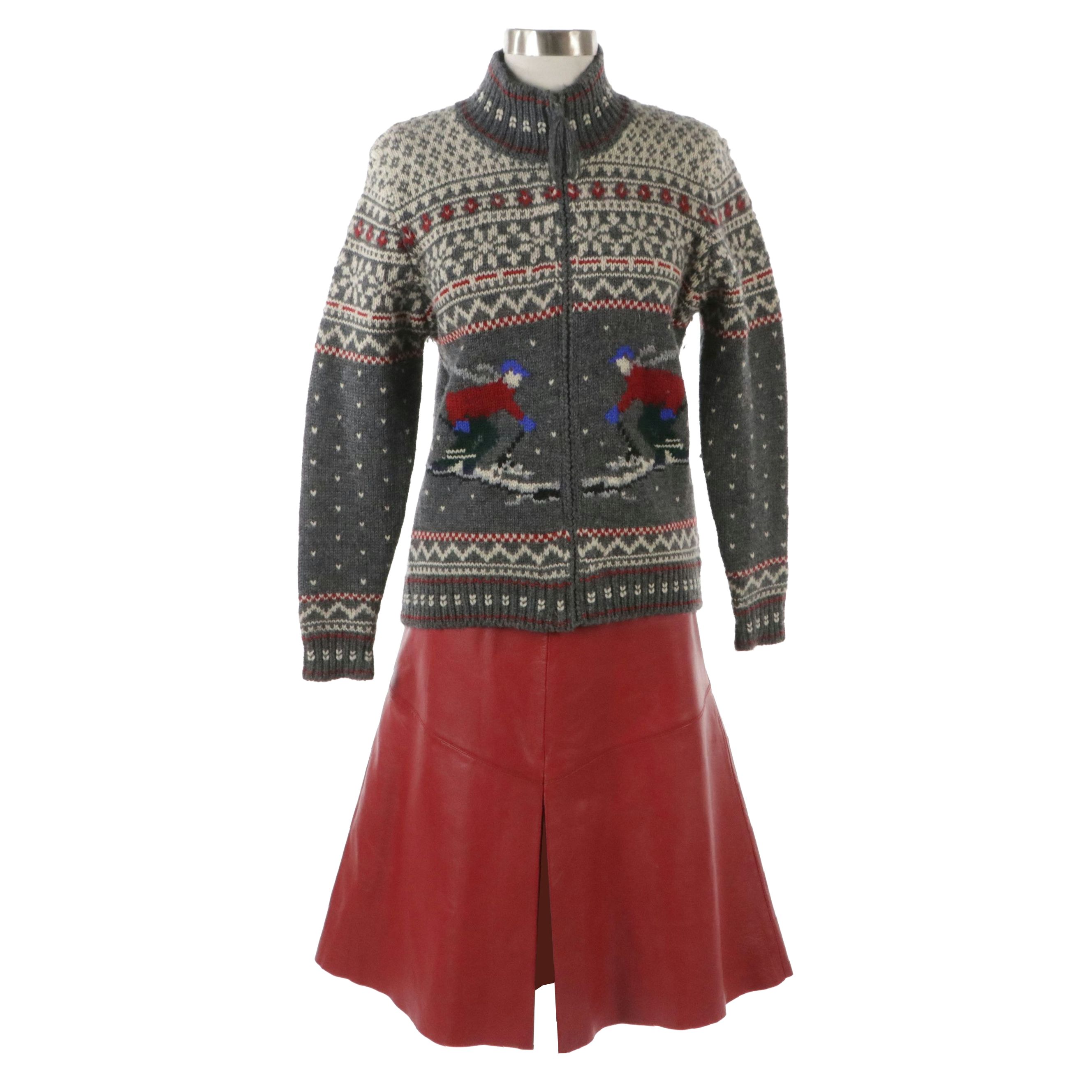 Lauren Ralph Lauren Worsted Wool Cardigan and Margaret Godfrey Red Leather Skirt