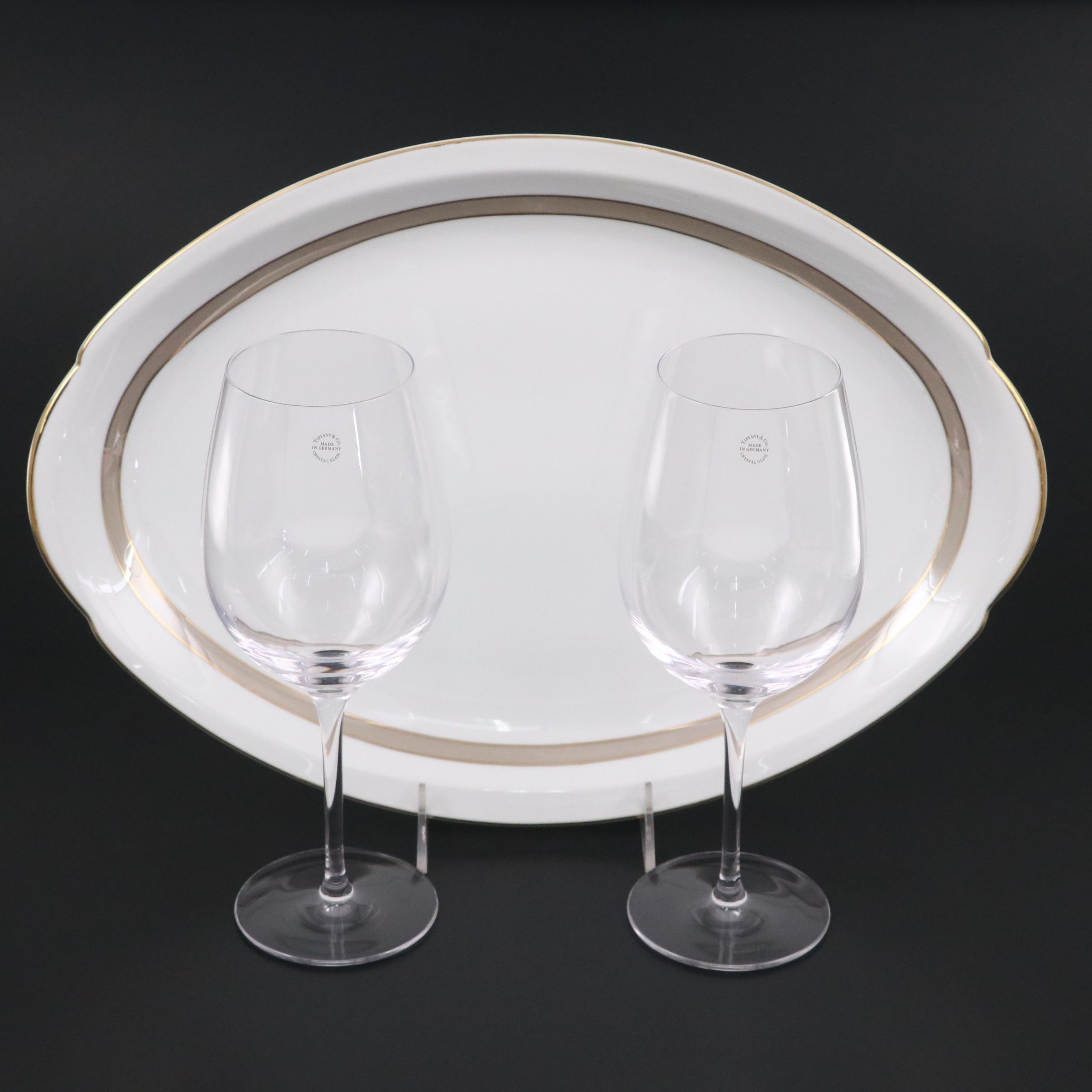 Tiffany & Co. Crystal Wine Glasses with Meito "Largo" China Serving Platter