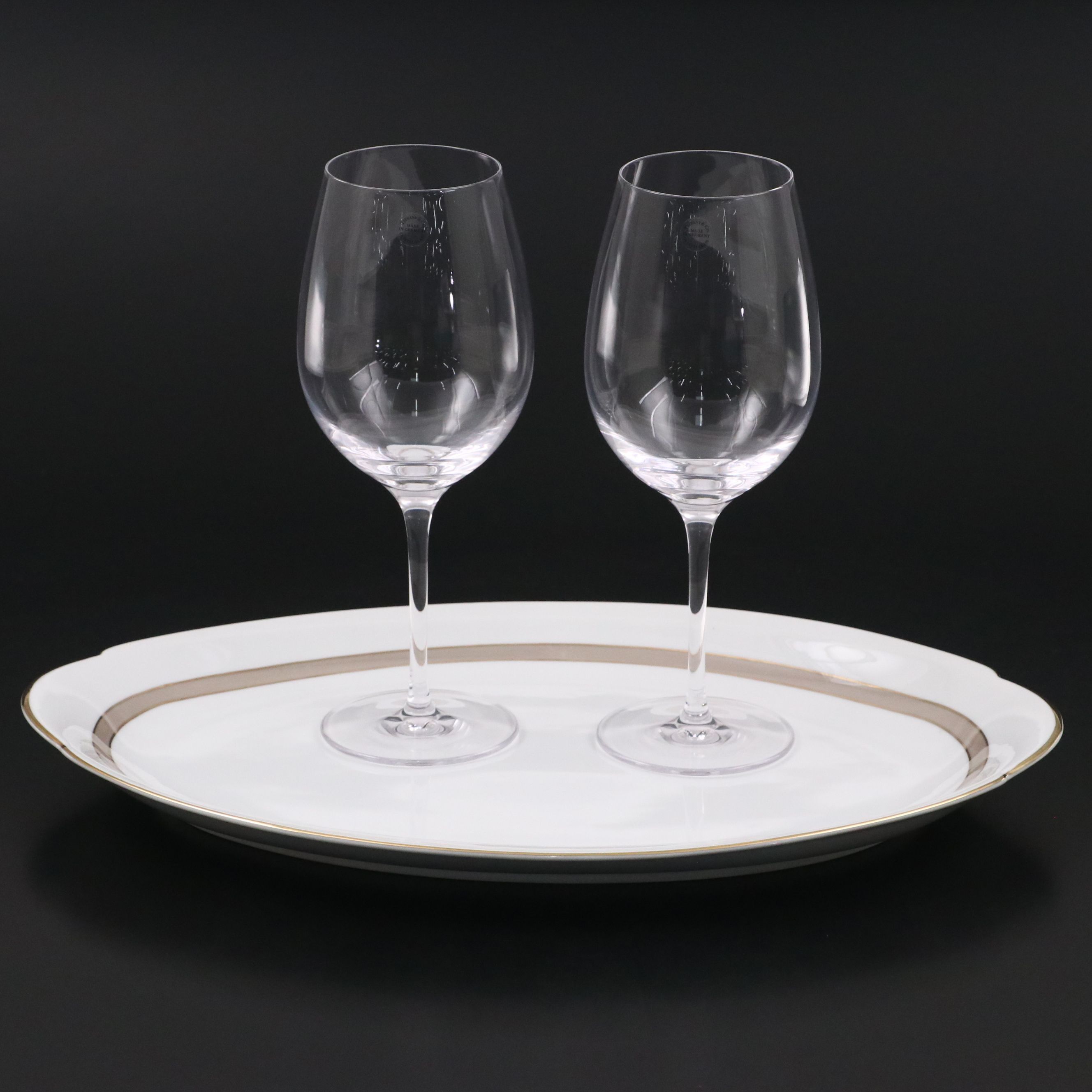 Tiffany & Co. Crystal Wine Glasses with Meito "Largo" China Serving Platter