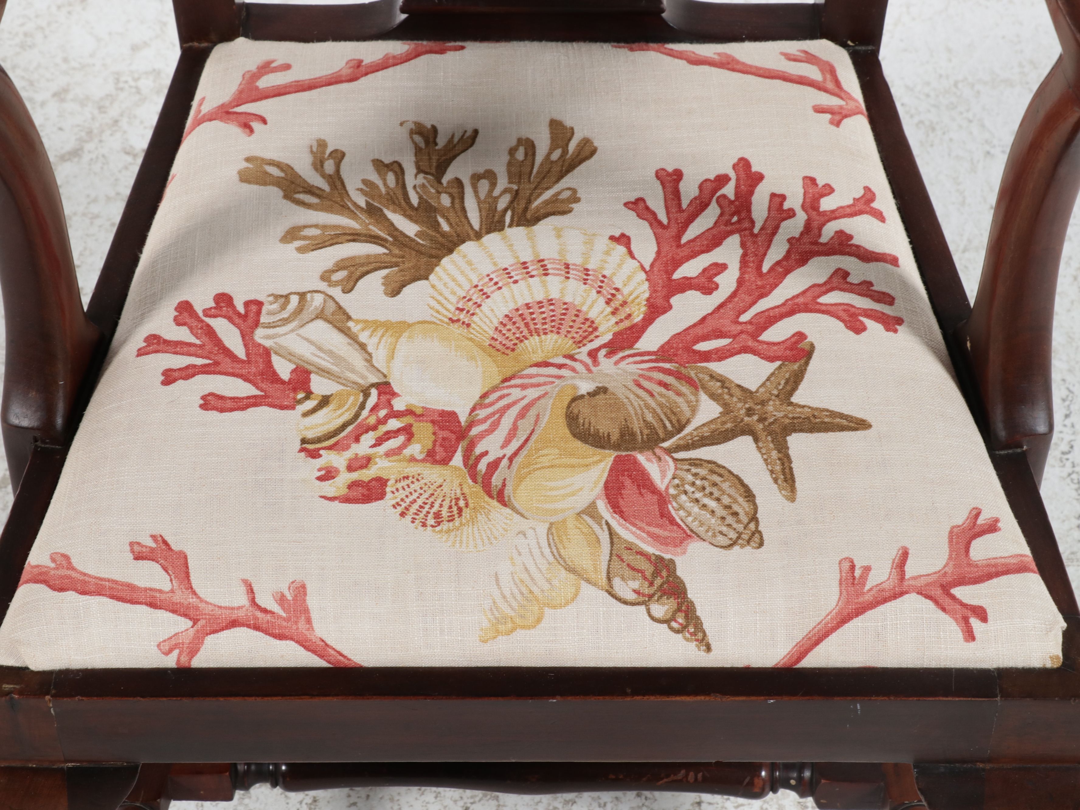 Queen Anne Style Mahogany Armchair with Nautical Shell Upholstery, 20th Century