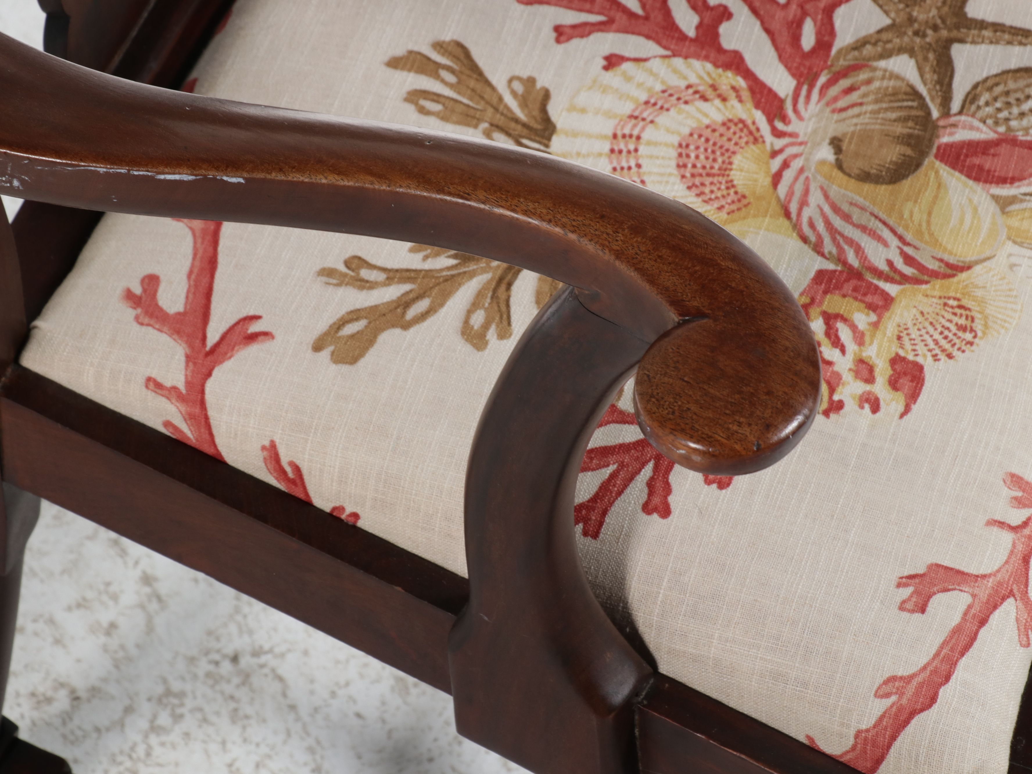 Queen Anne Style Mahogany Armchair with Nautical Shell Upholstery, 20th Century