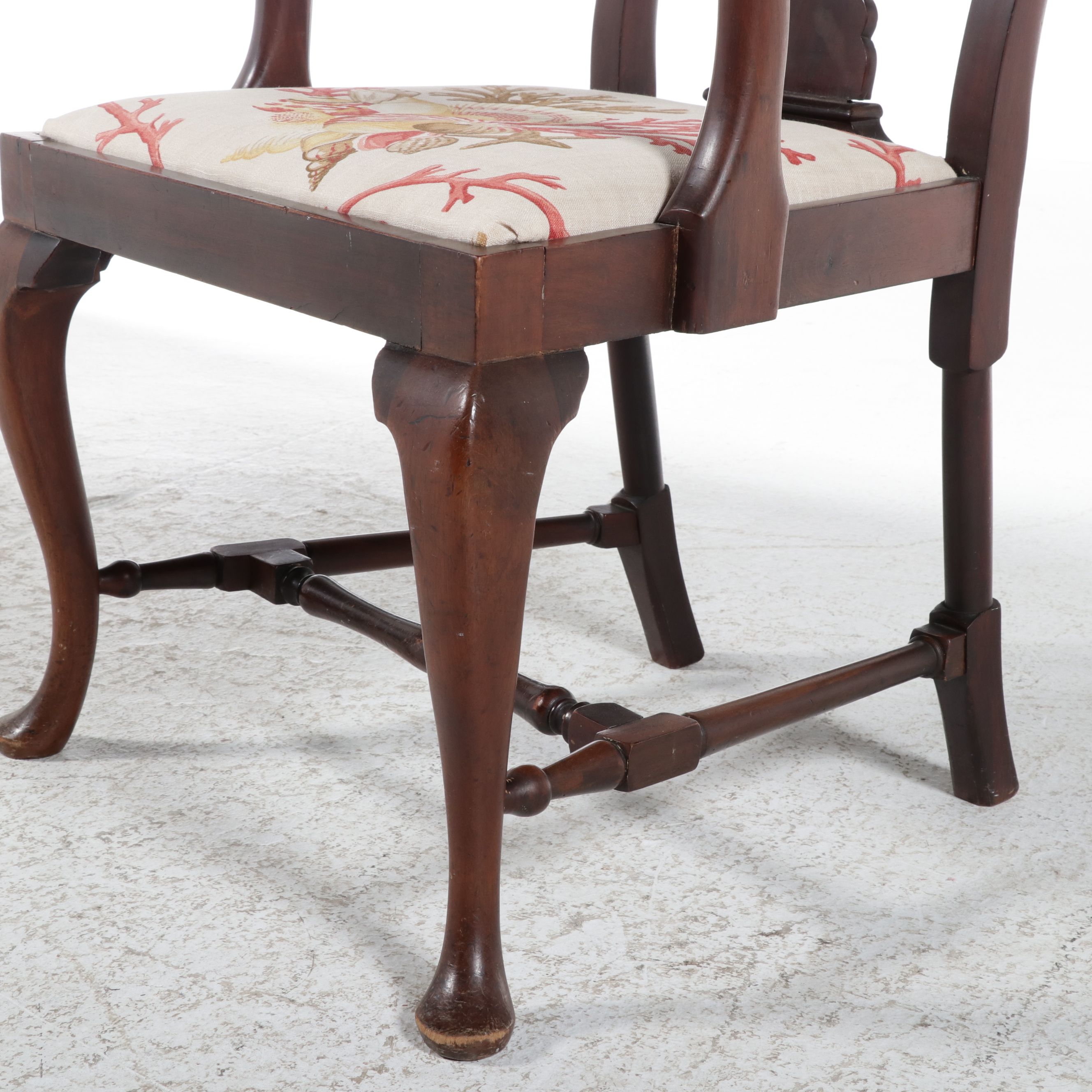 Queen Anne Style Mahogany Armchair with Nautical Shell Upholstery, 20th Century