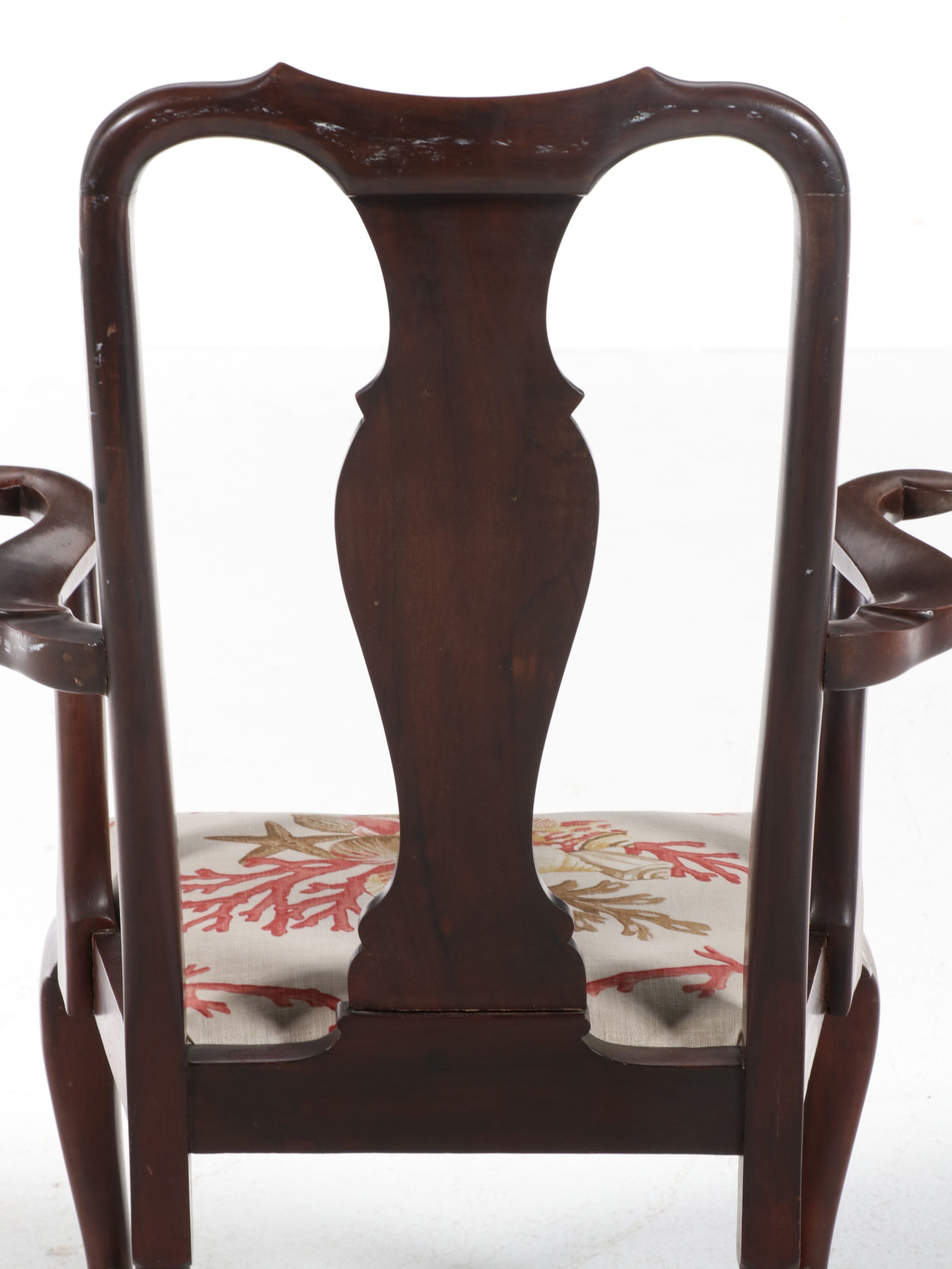 Queen Anne Style Mahogany Armchair with Nautical Shell Upholstery, 20th Century
