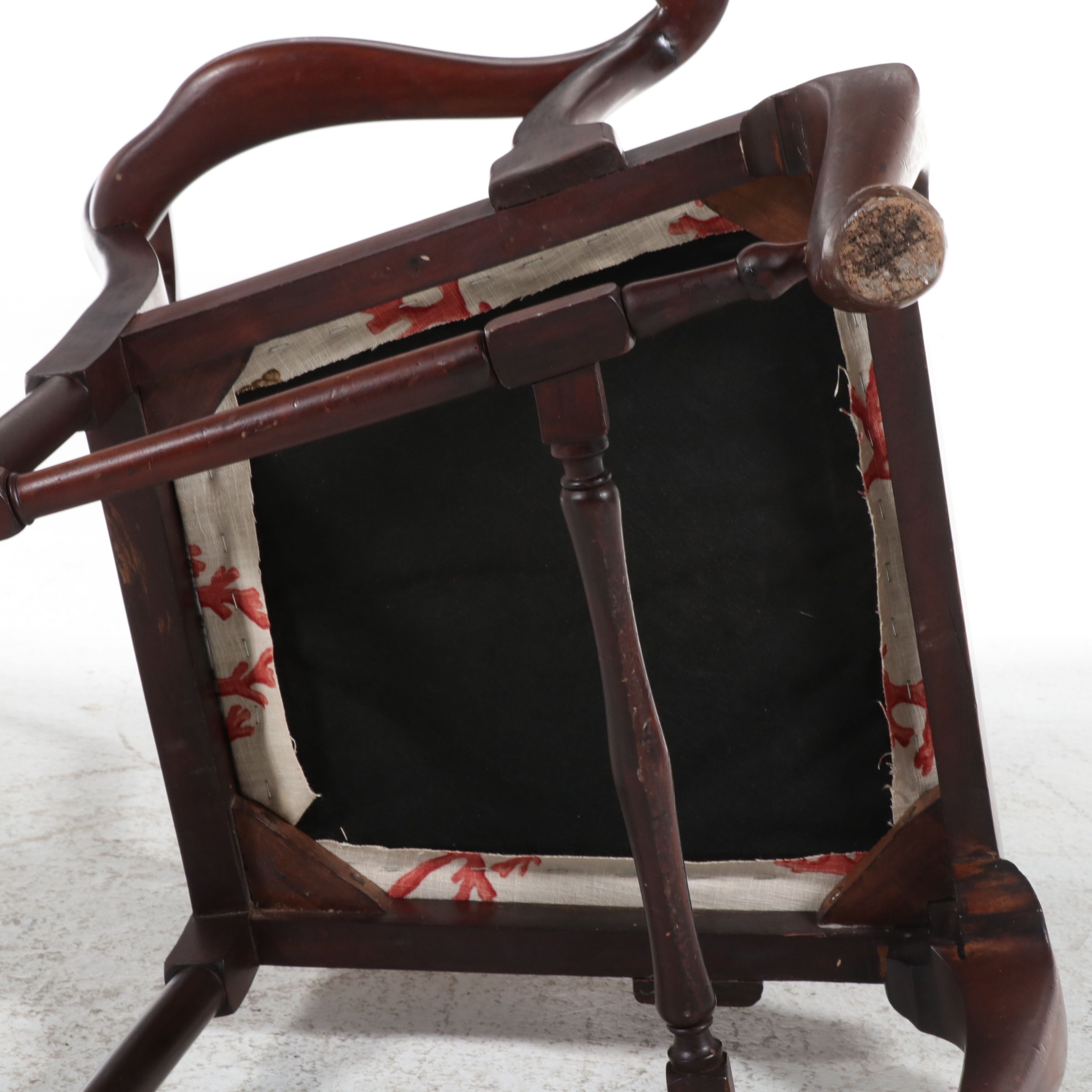 Queen Anne Style Mahogany Armchair with Nautical Shell Upholstery, 20th Century