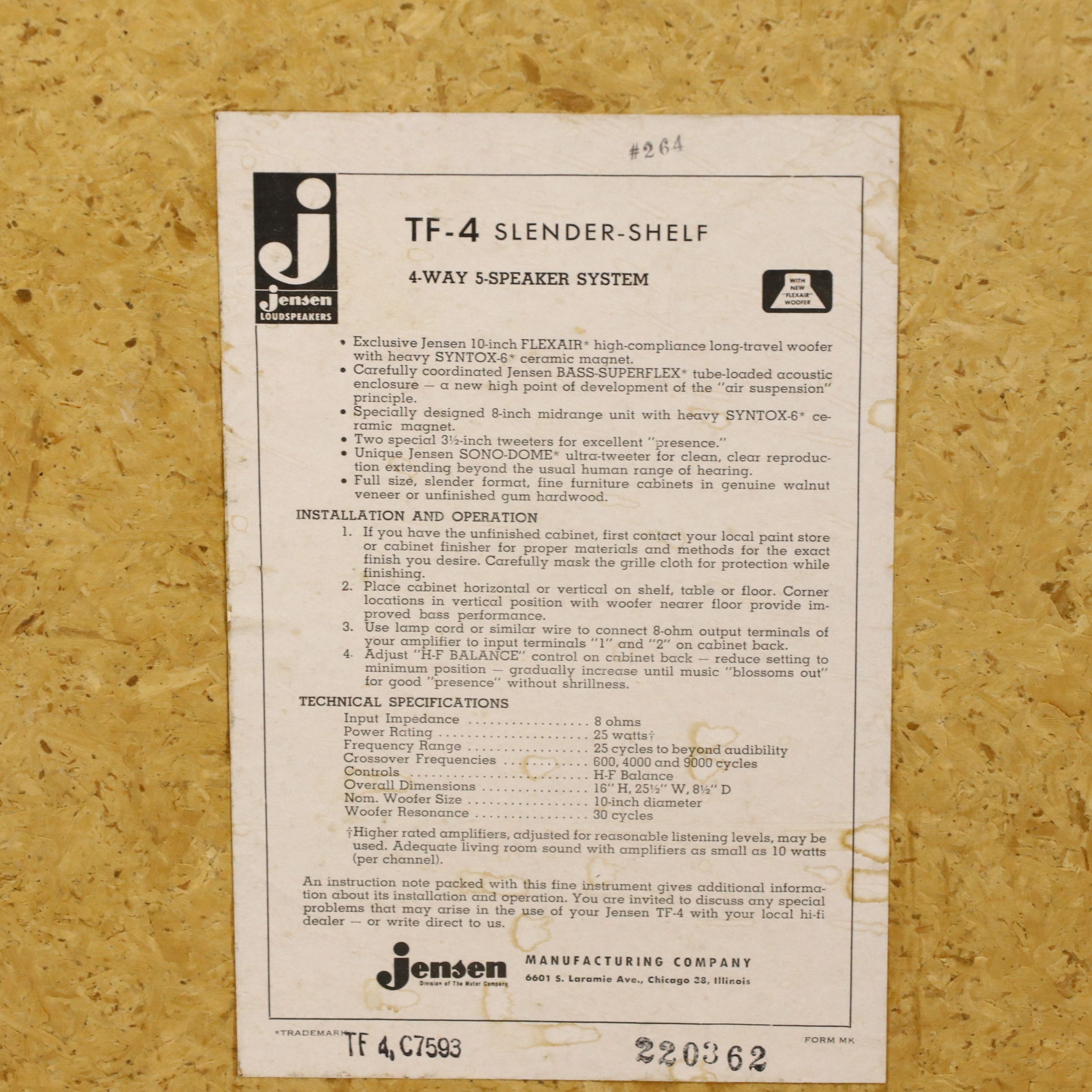 Jensen TF-4 Slender-Shelf Speakers