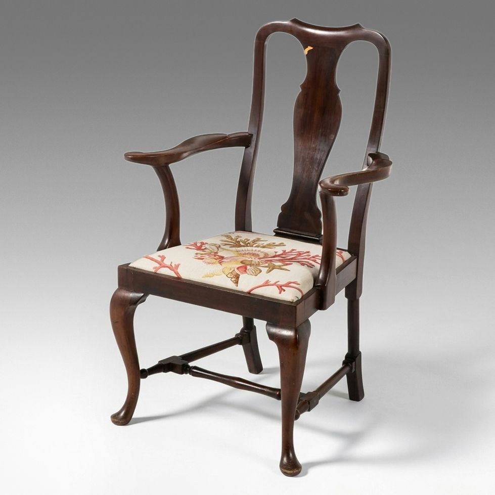 Queen Anne Style Mahogany Armchair with Nautical Shell Upholstery, 20th Century
