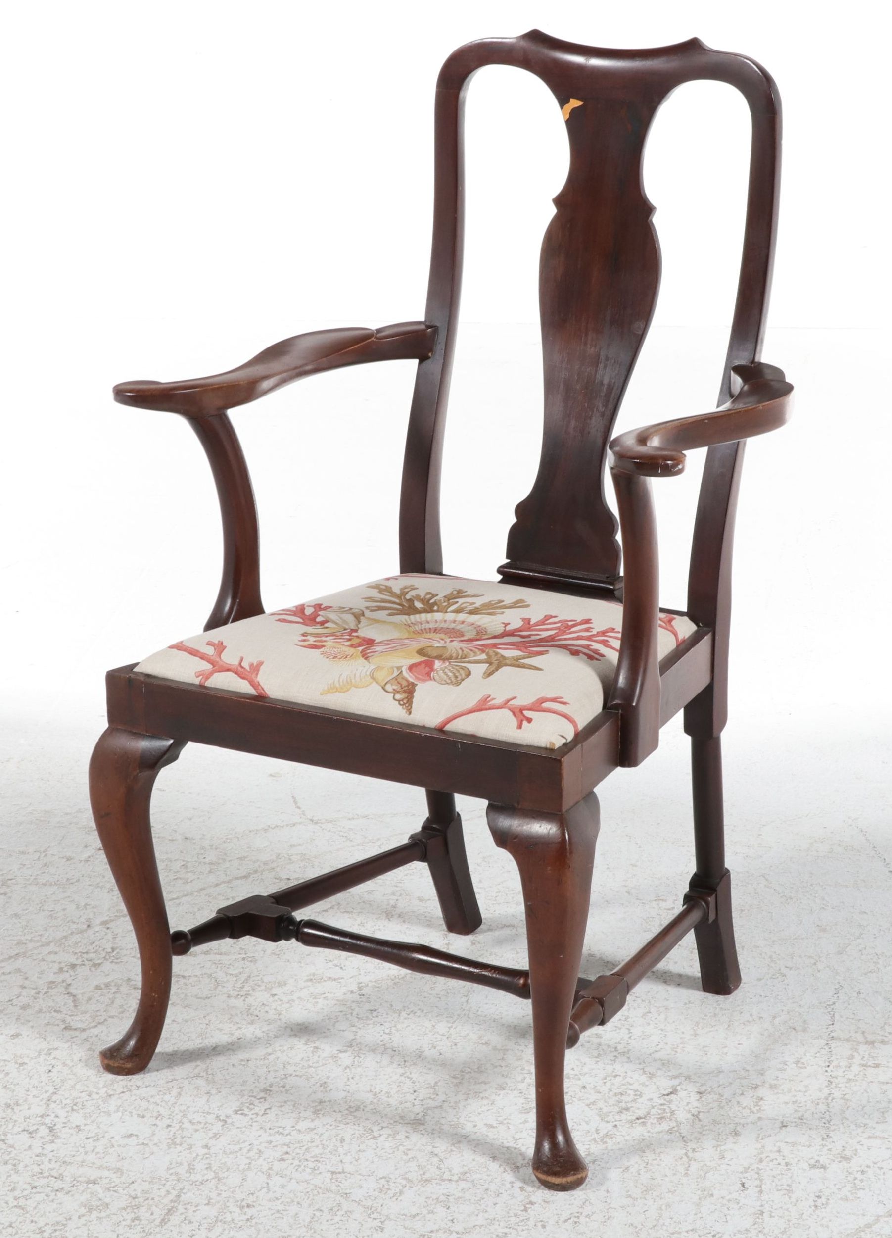 Queen Anne Style Mahogany Armchair with Nautical Shell Upholstery, 20th Century