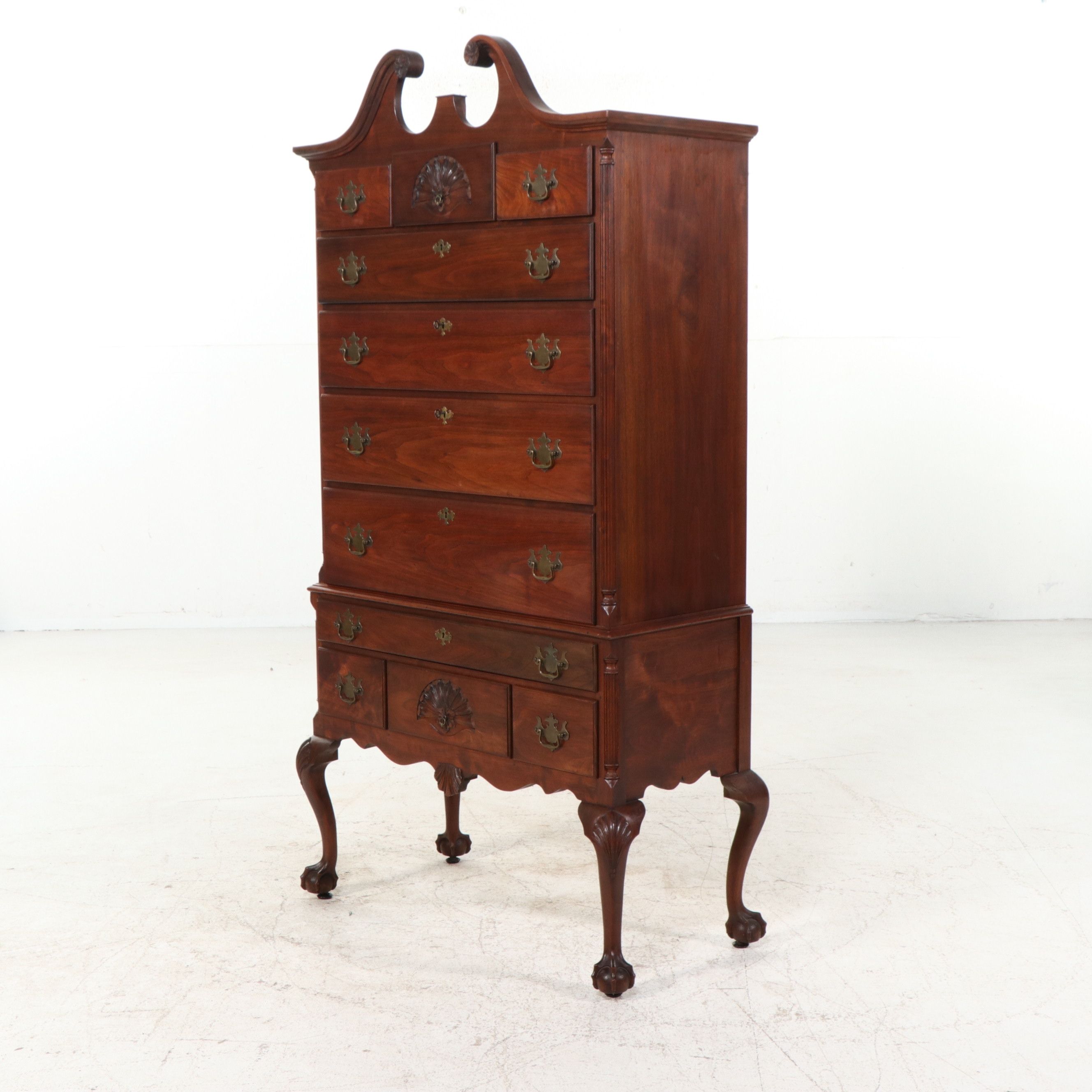 American Centennial Chippendale Style Mahogany Bonnet-Top Highboy