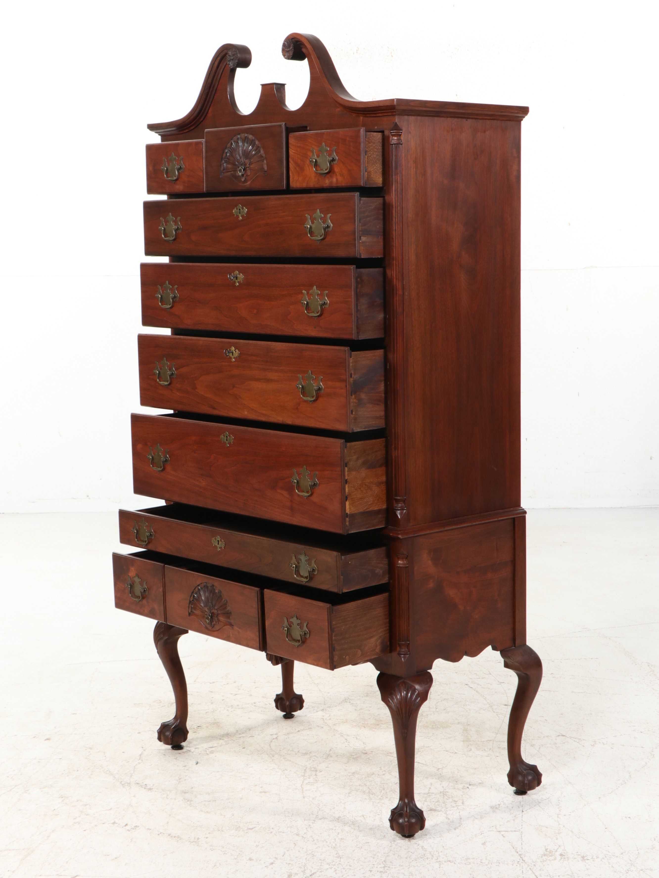 American Centennial Chippendale Style Mahogany Bonnet-Top Highboy