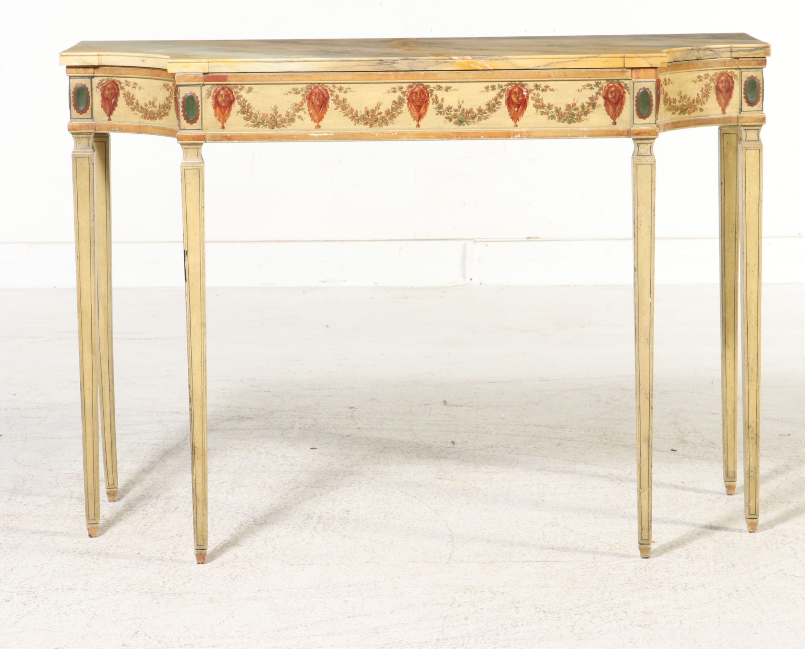 Adam Style Painted Decorated Marble Top Console Table, 20th Century