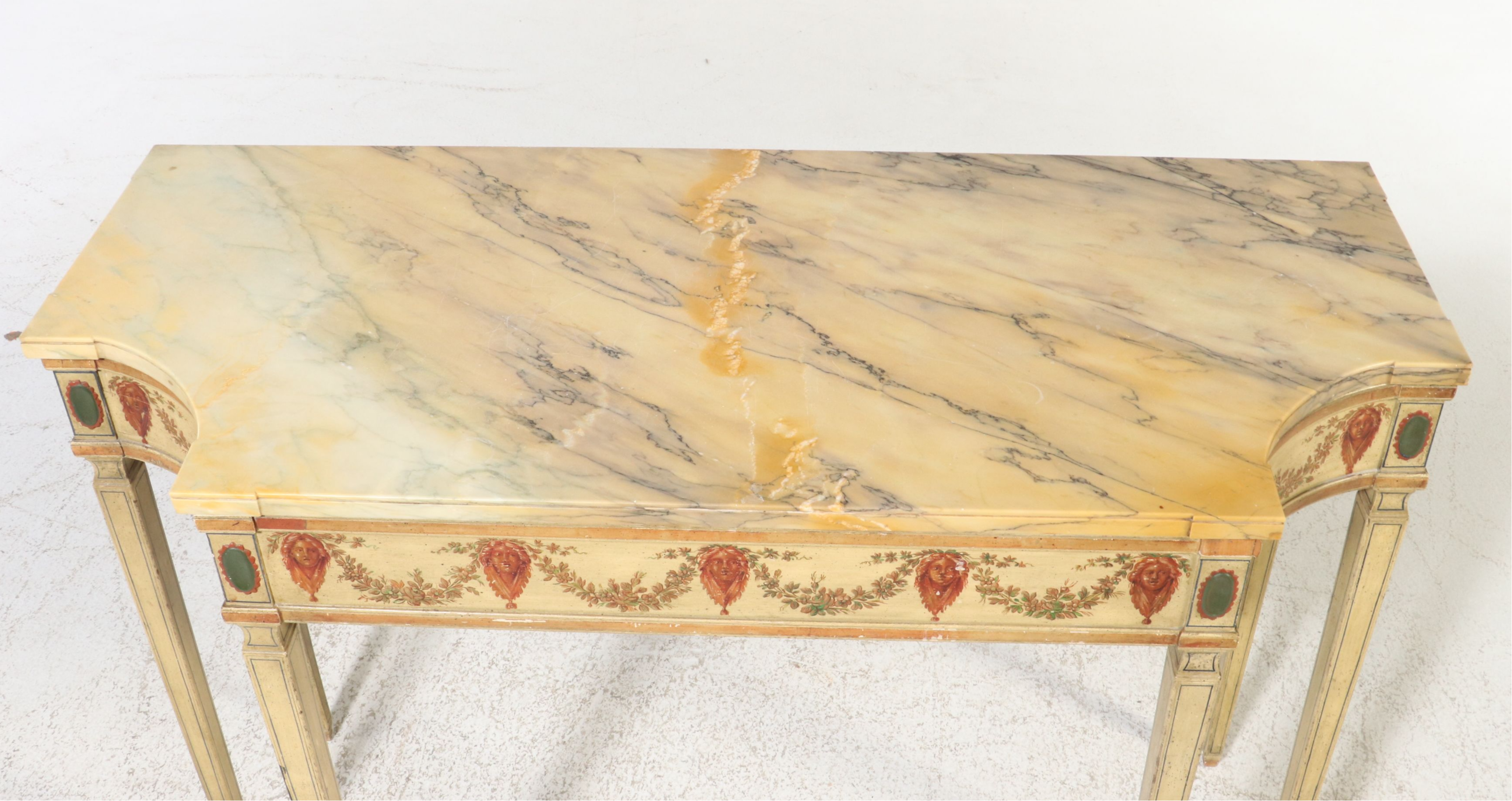Adam Style Painted Decorated Marble Top Console Table, 20th Century