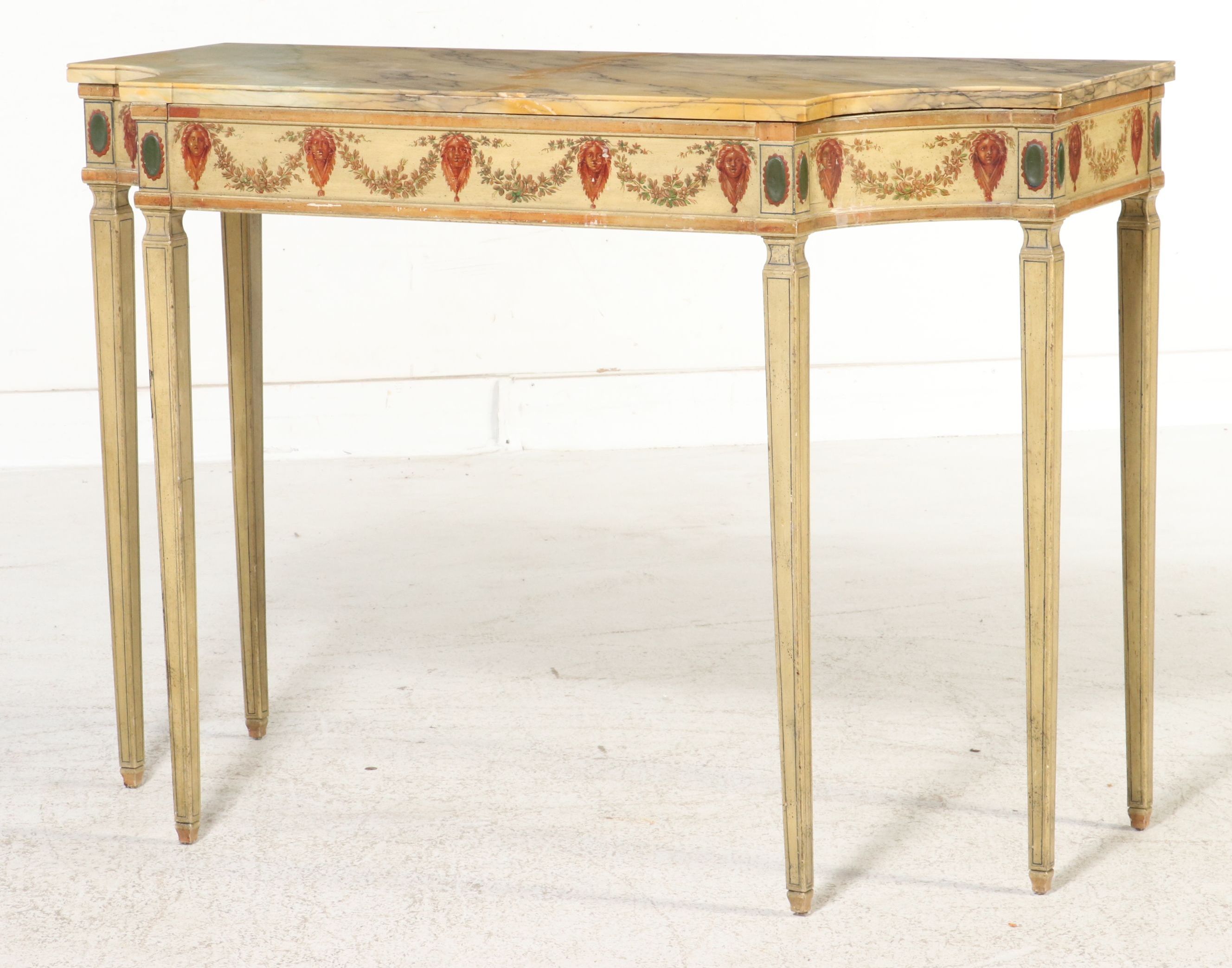 Adam Style Painted Decorated Marble Top Console Table, 20th Century