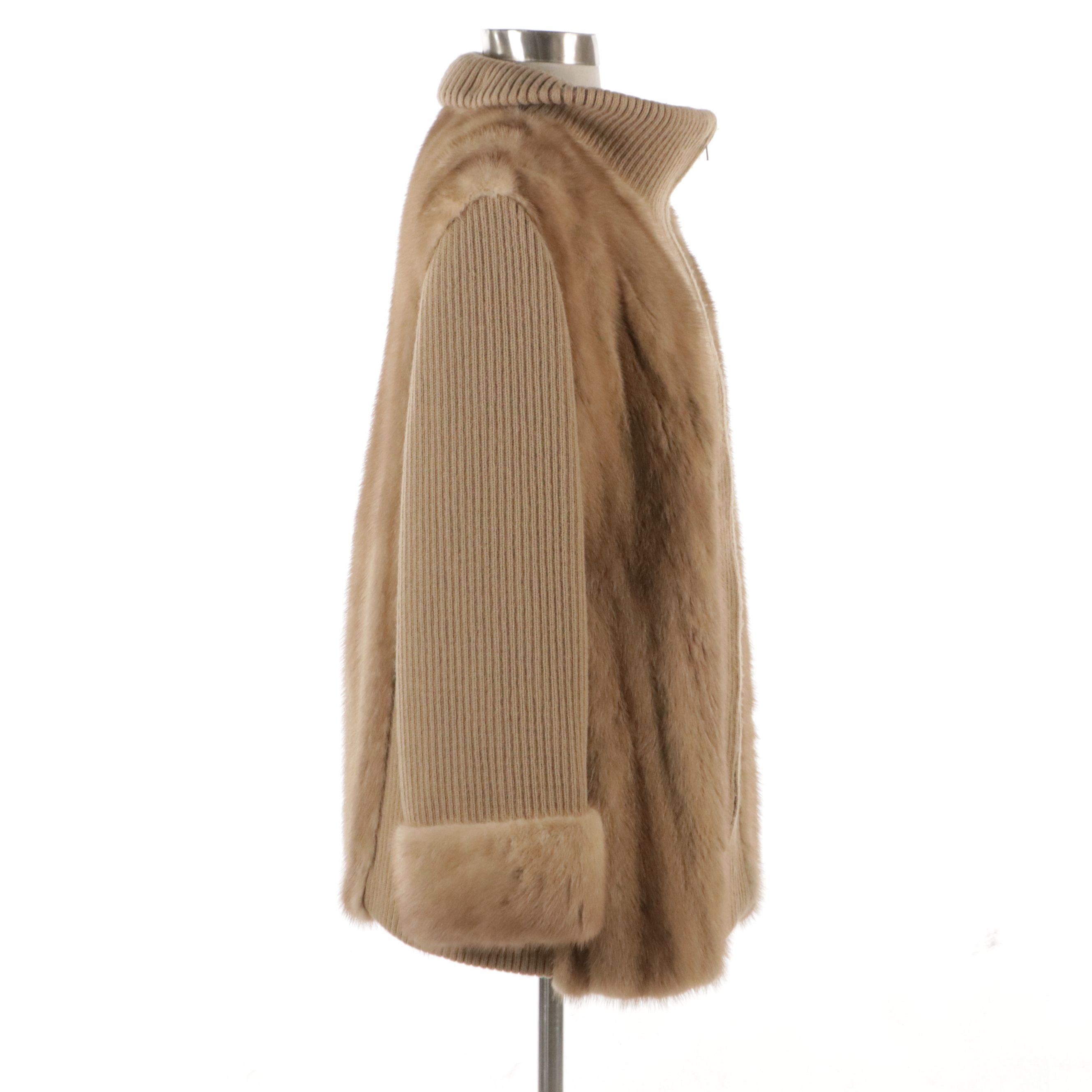 Pastel Mink Fur/Beige Rib Knit Zip Jacket