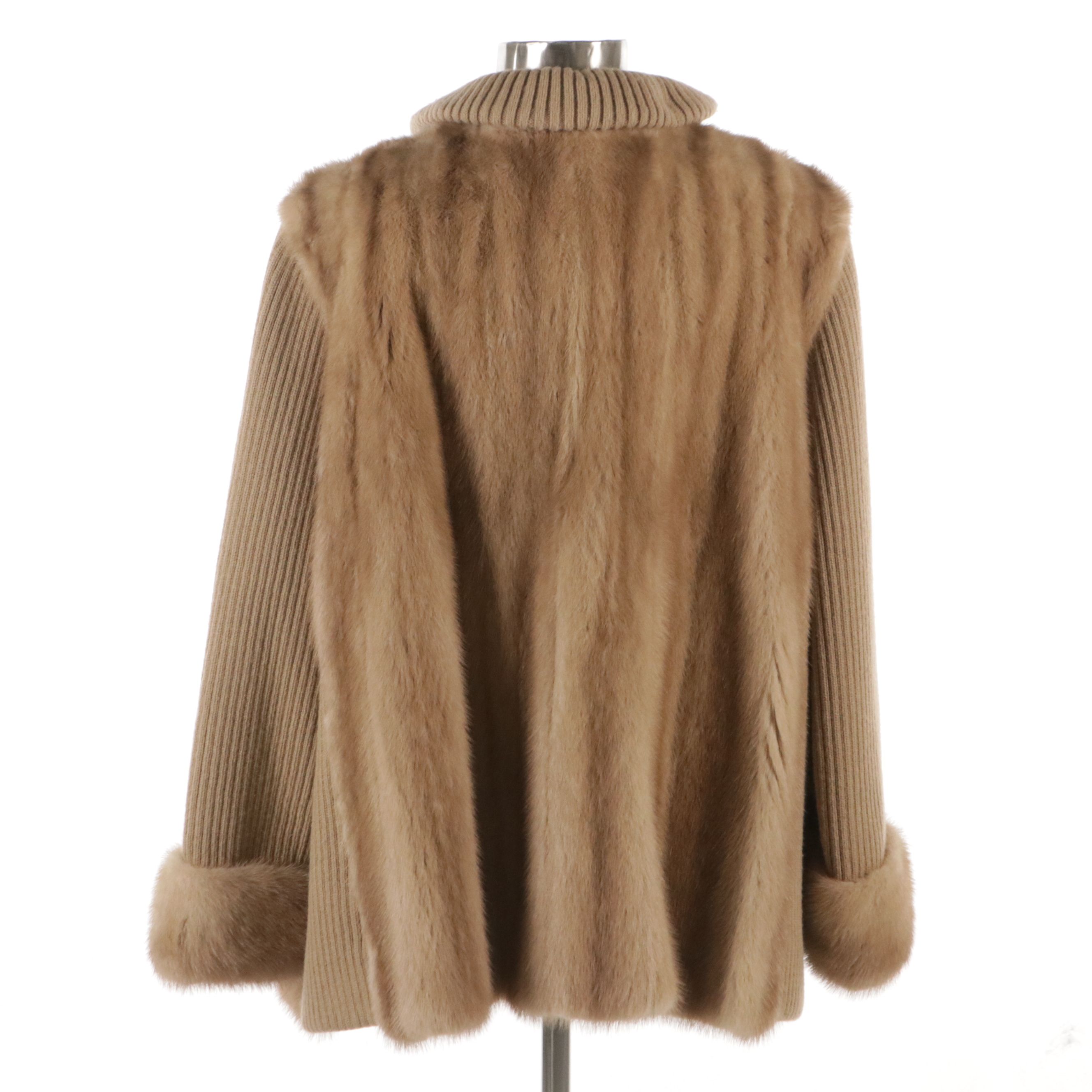Pastel Mink Fur/Beige Rib Knit Zip Jacket