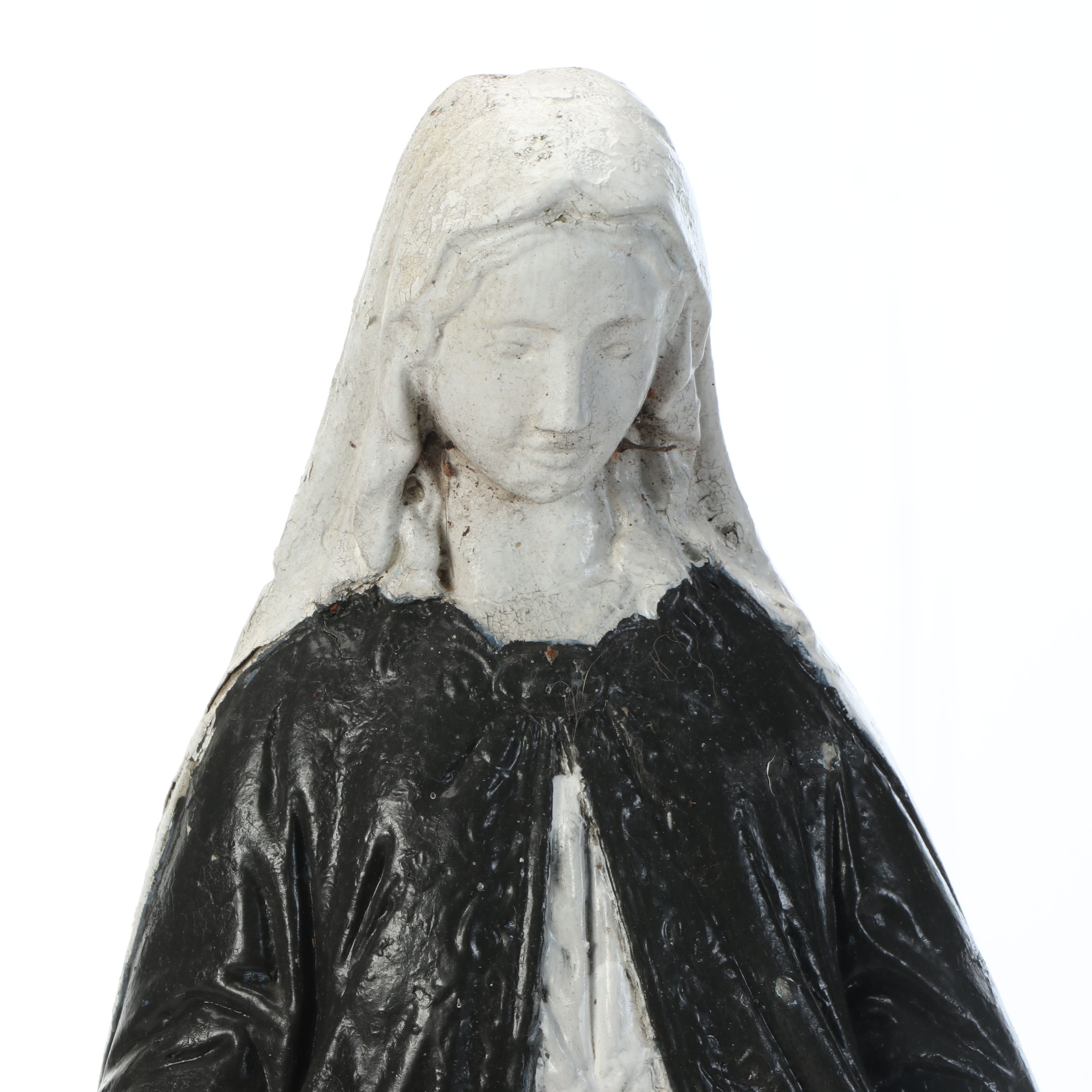 Concrete Virgin Mary and Plaster Seated Angel Lawn Statues