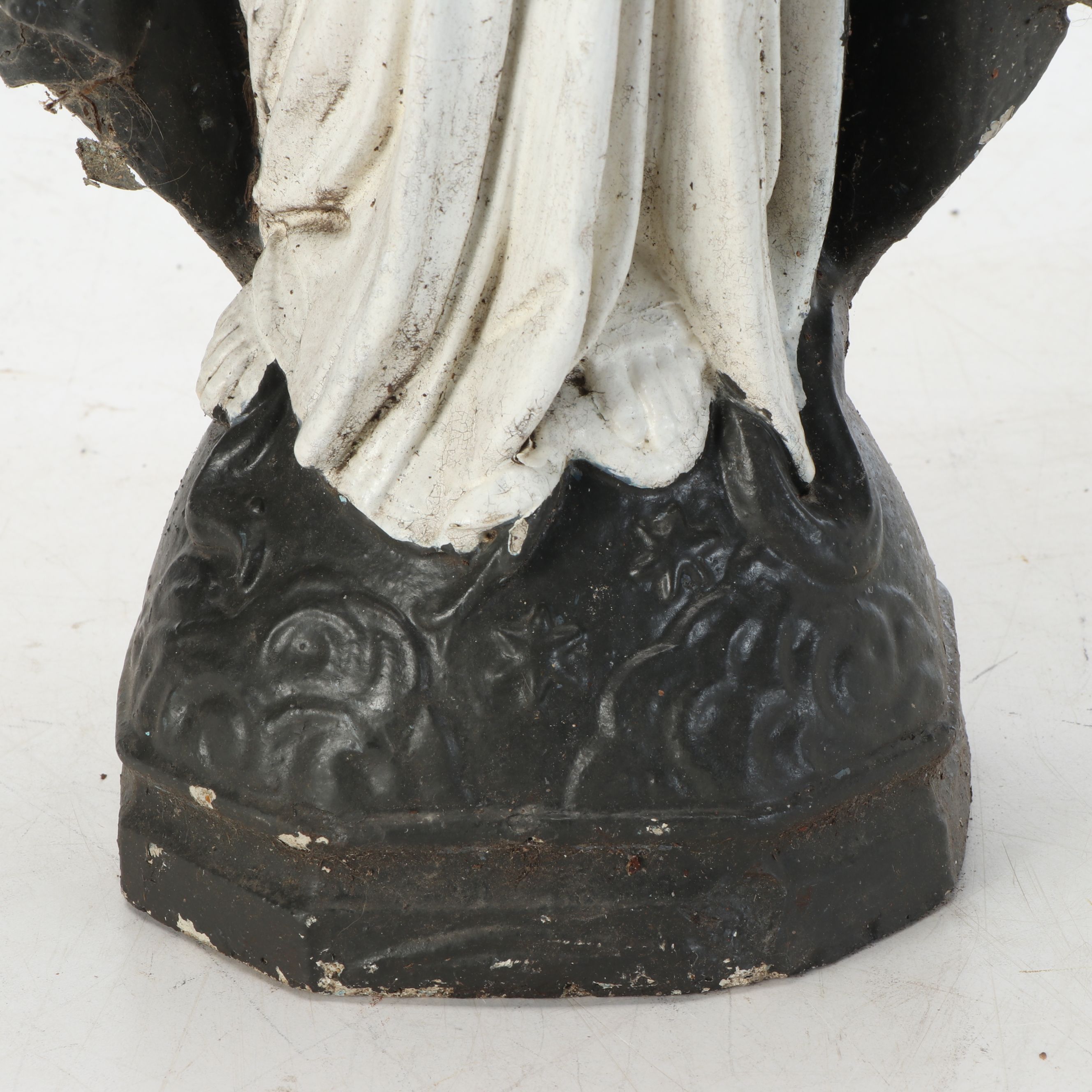 Concrete Virgin Mary and Plaster Seated Angel Lawn Statues