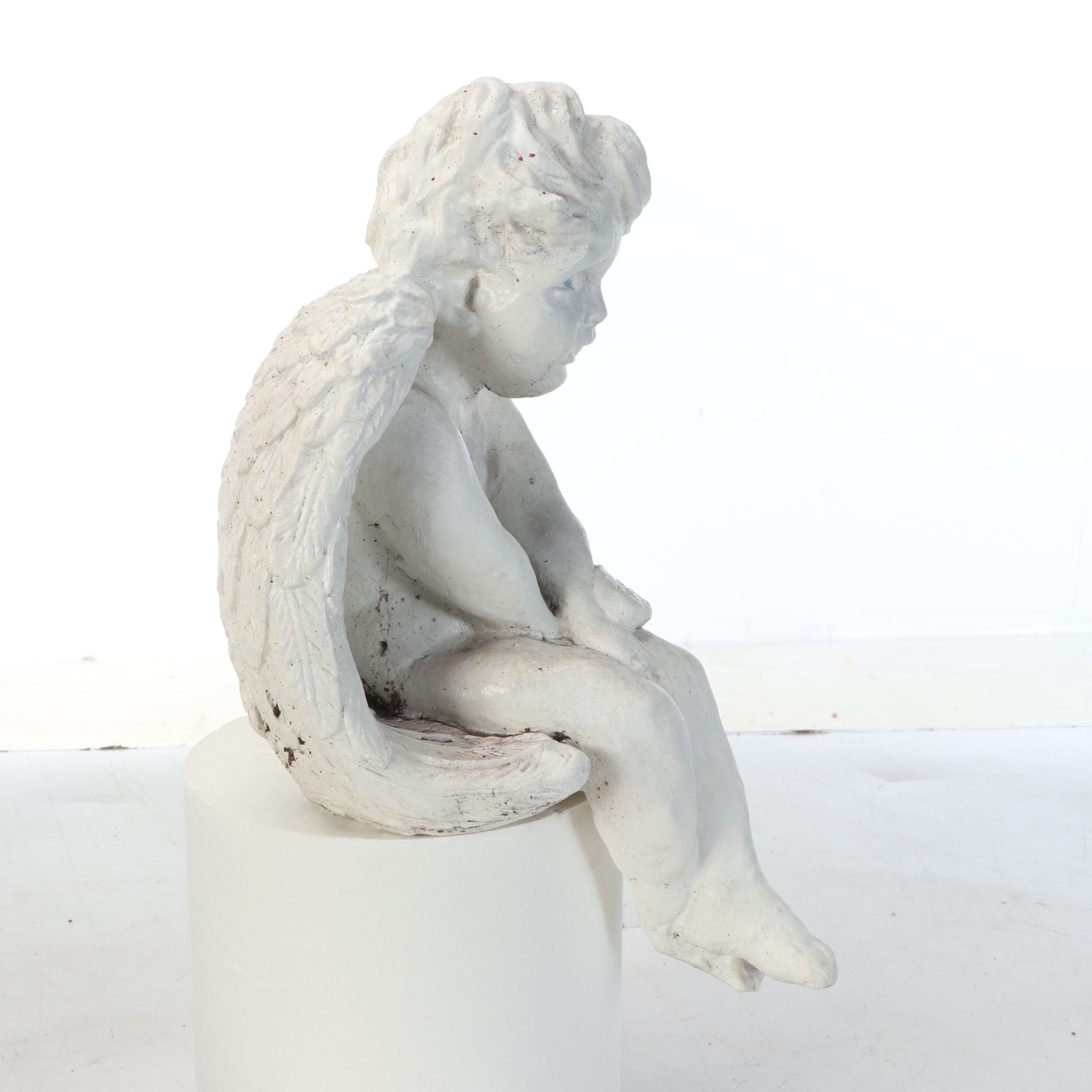 Concrete Virgin Mary and Plaster Seated Angel Lawn Statues