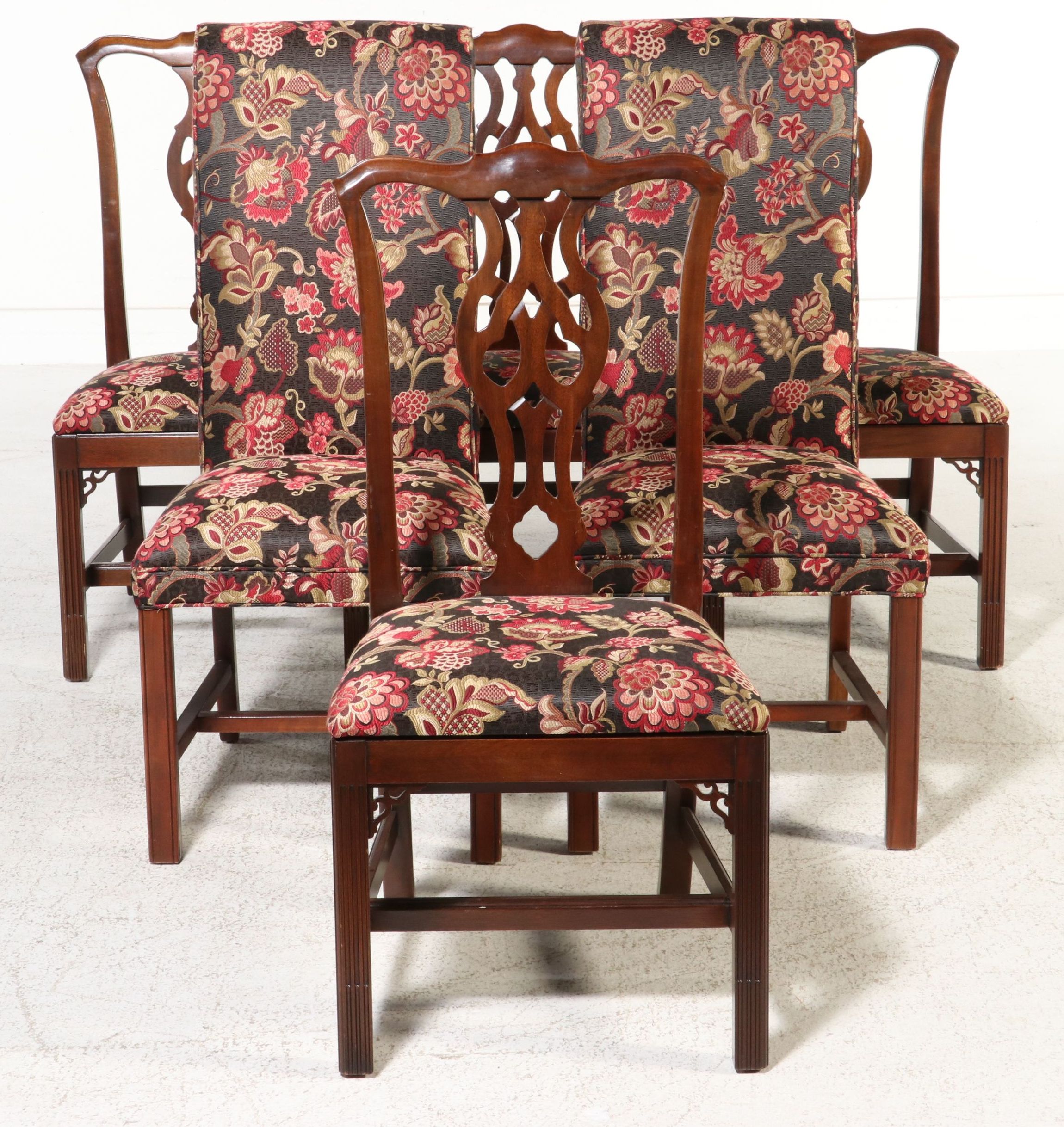 Chippendale Style and Other Floral Upholstered Dining Chairs, Late 20th Century
