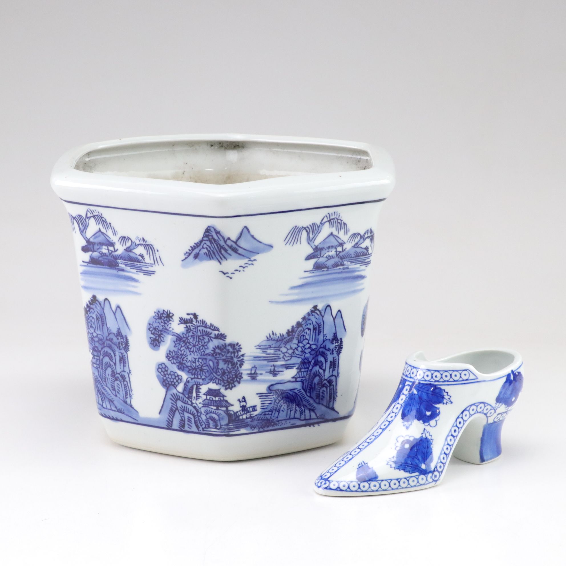 Chinese Blue and White Porcelain Hexagonal Planter and Shoe