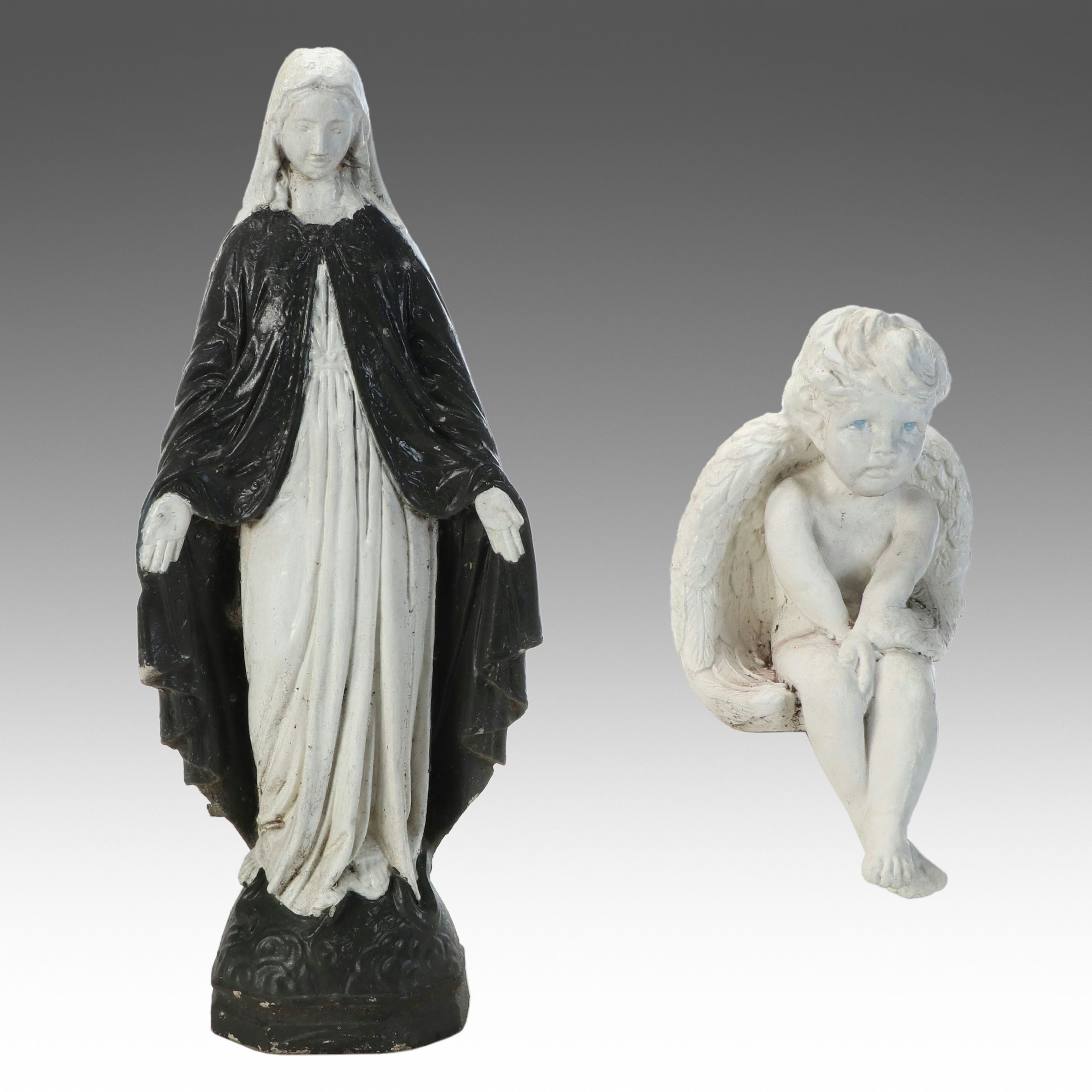 Concrete Virgin Mary and Plaster Seated Angel Lawn Statues