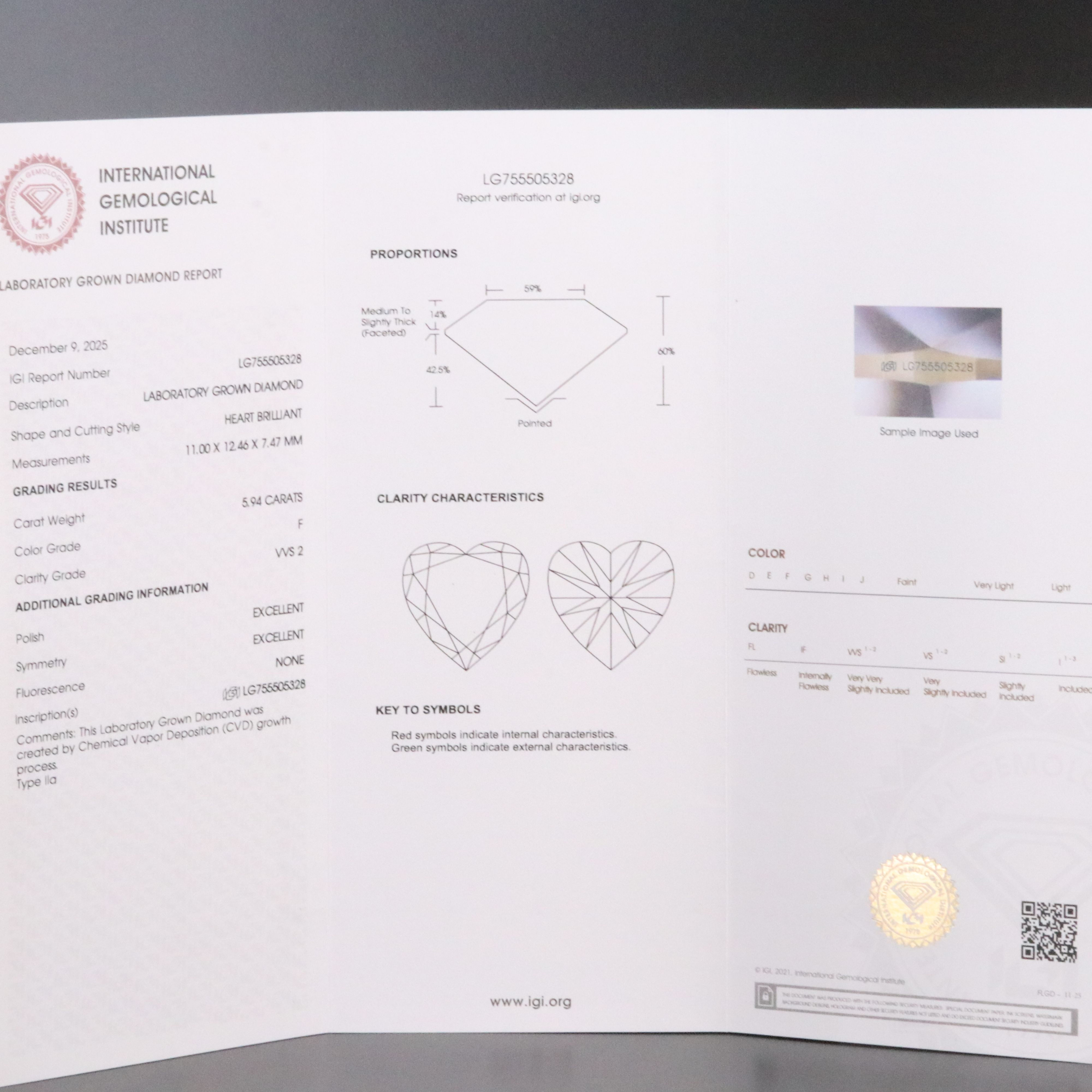 Loose 5.94 CT Lab Grown Diamond with IGI Report