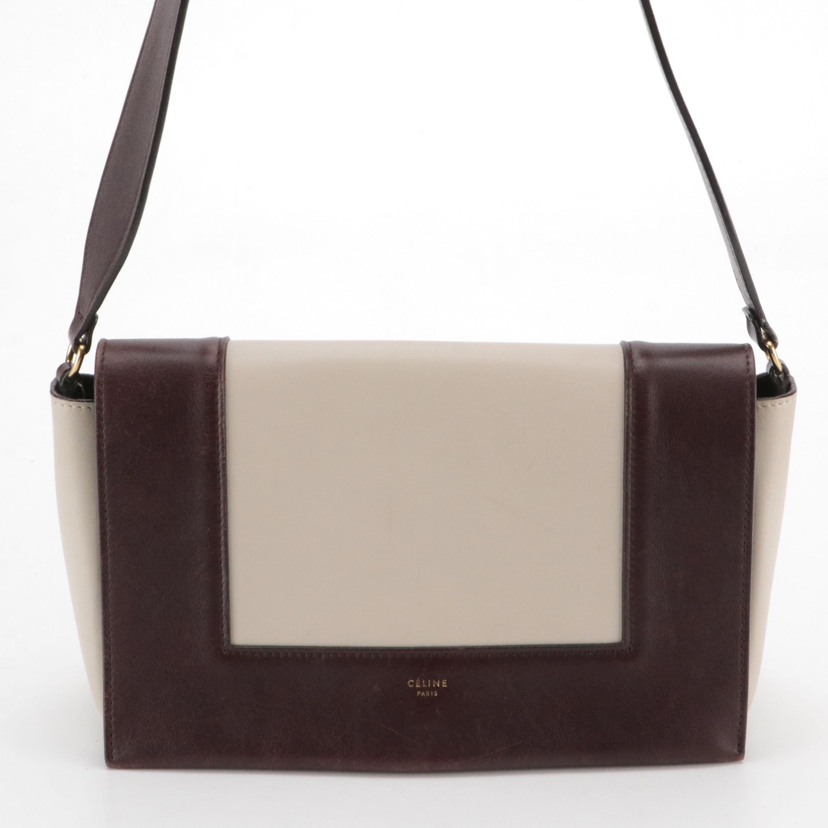 Céline Medium Frame Shoulder Bag in Beige and Burgundy Calfskin Leather