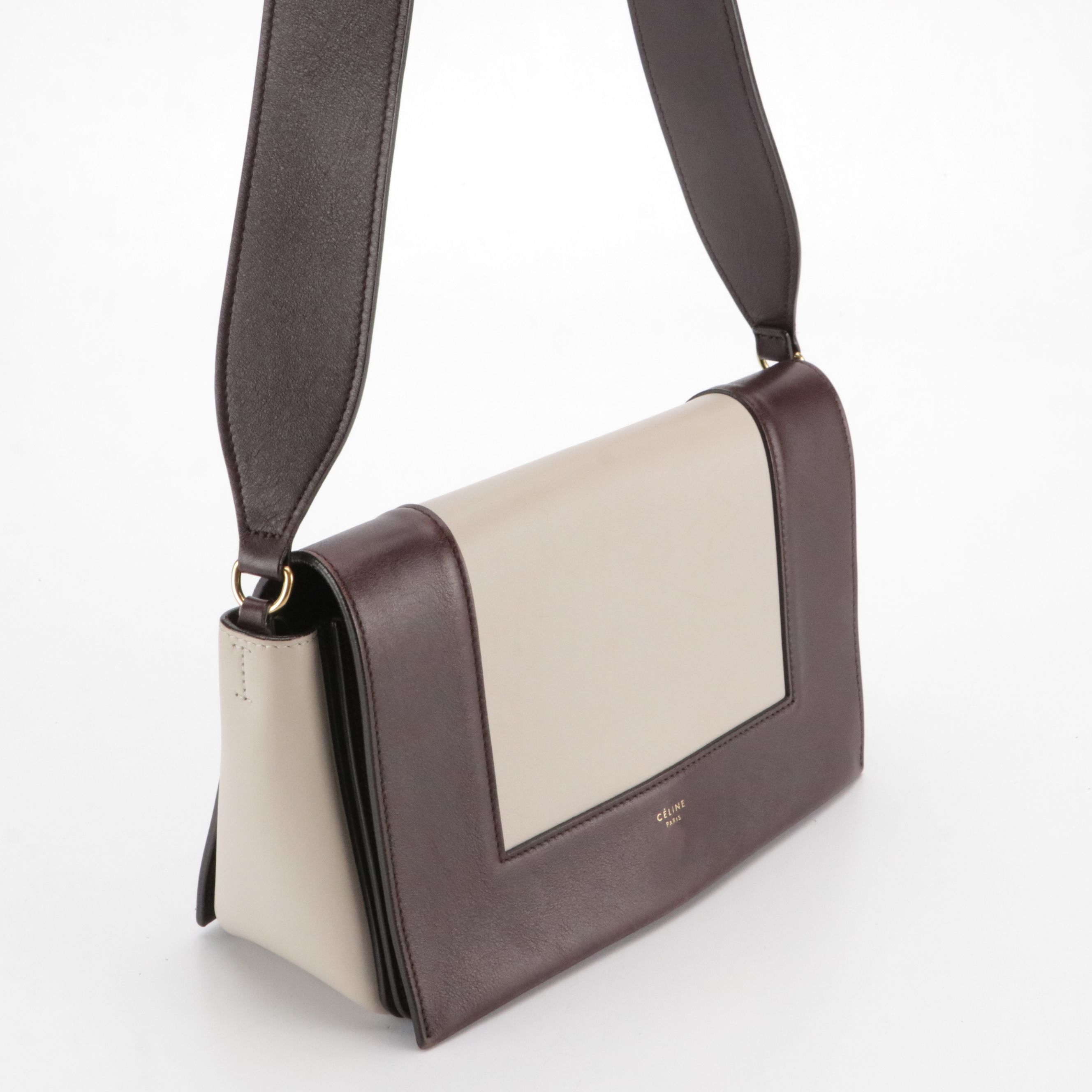Céline Medium Frame Shoulder Bag in Beige and Burgundy Calfskin Leather