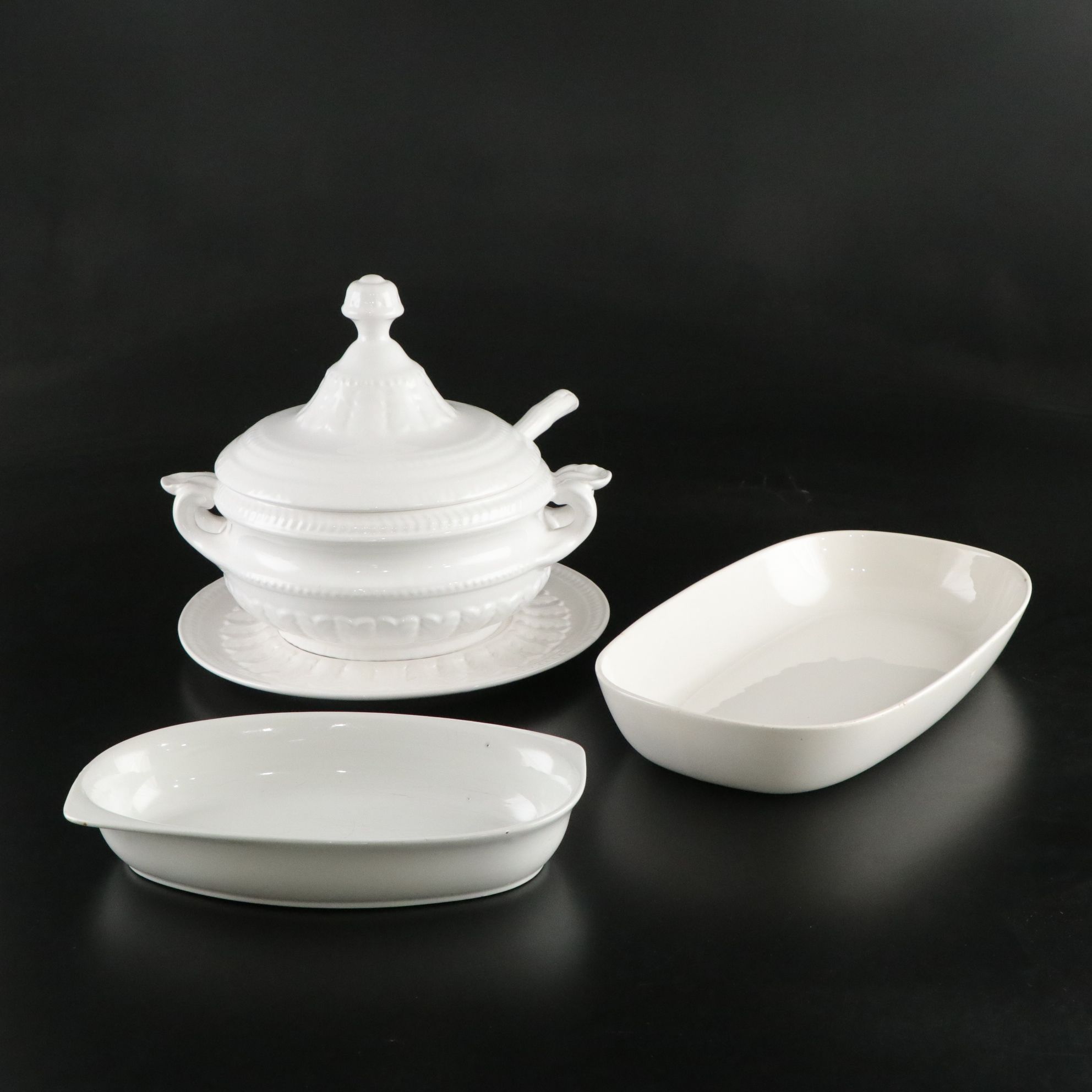 Ironstone Tureen with Underplate and Serving Bowls