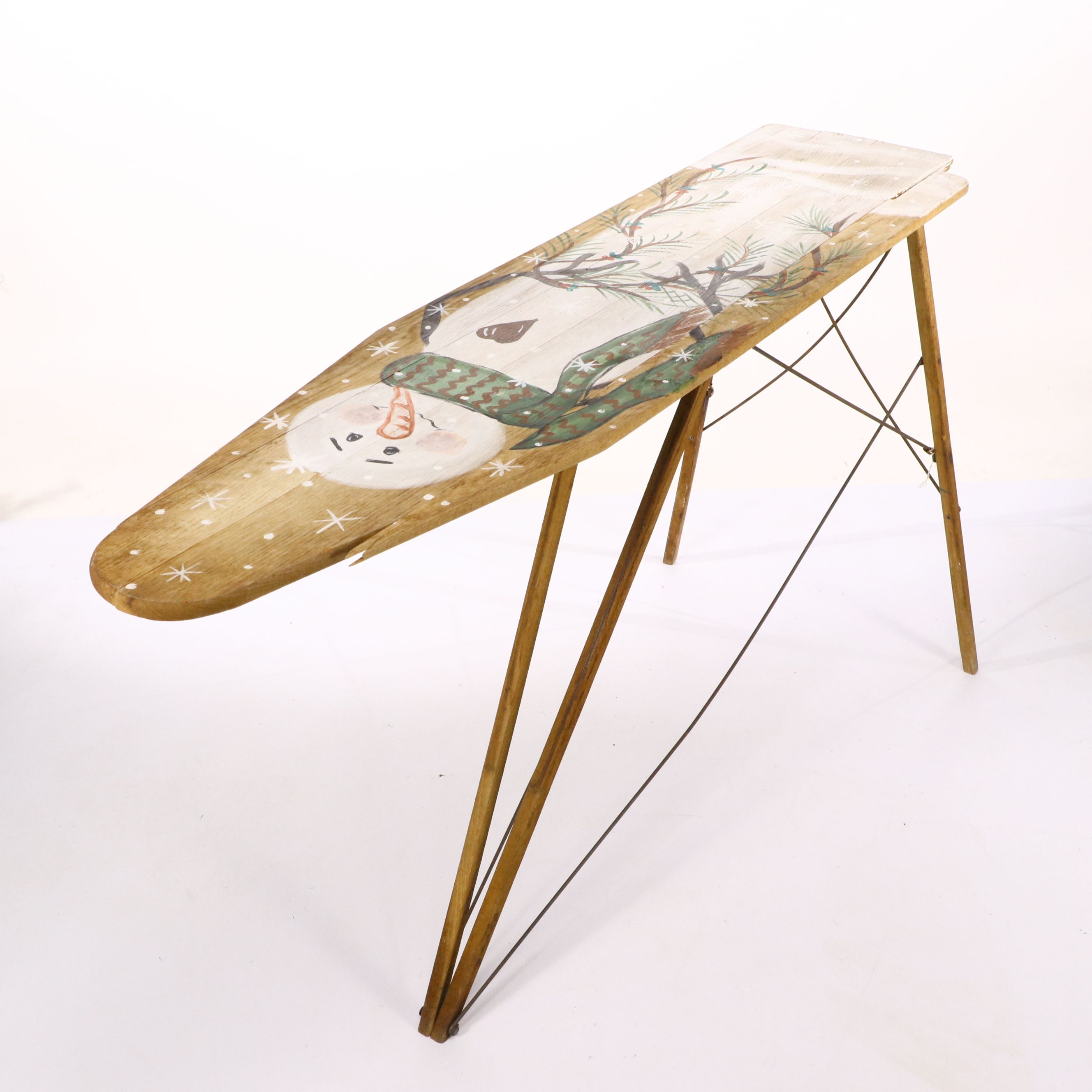 Rustic Hand-Painted Snowman on Wood Ironing Board with Hat Rack and Trees