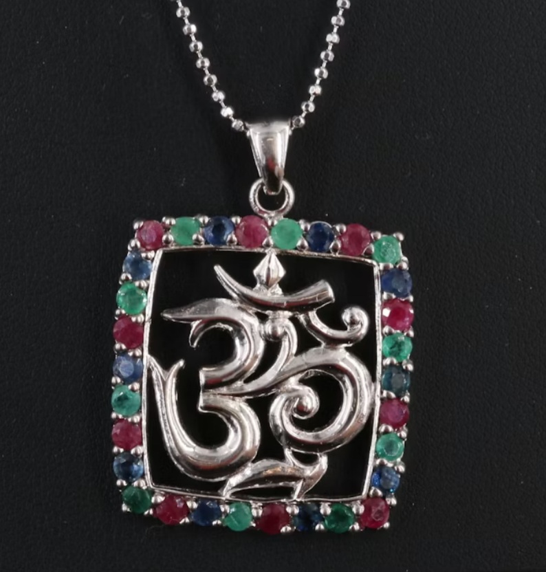 Sterling Sapphire, Ruby, and Emerald Pendant Necklace