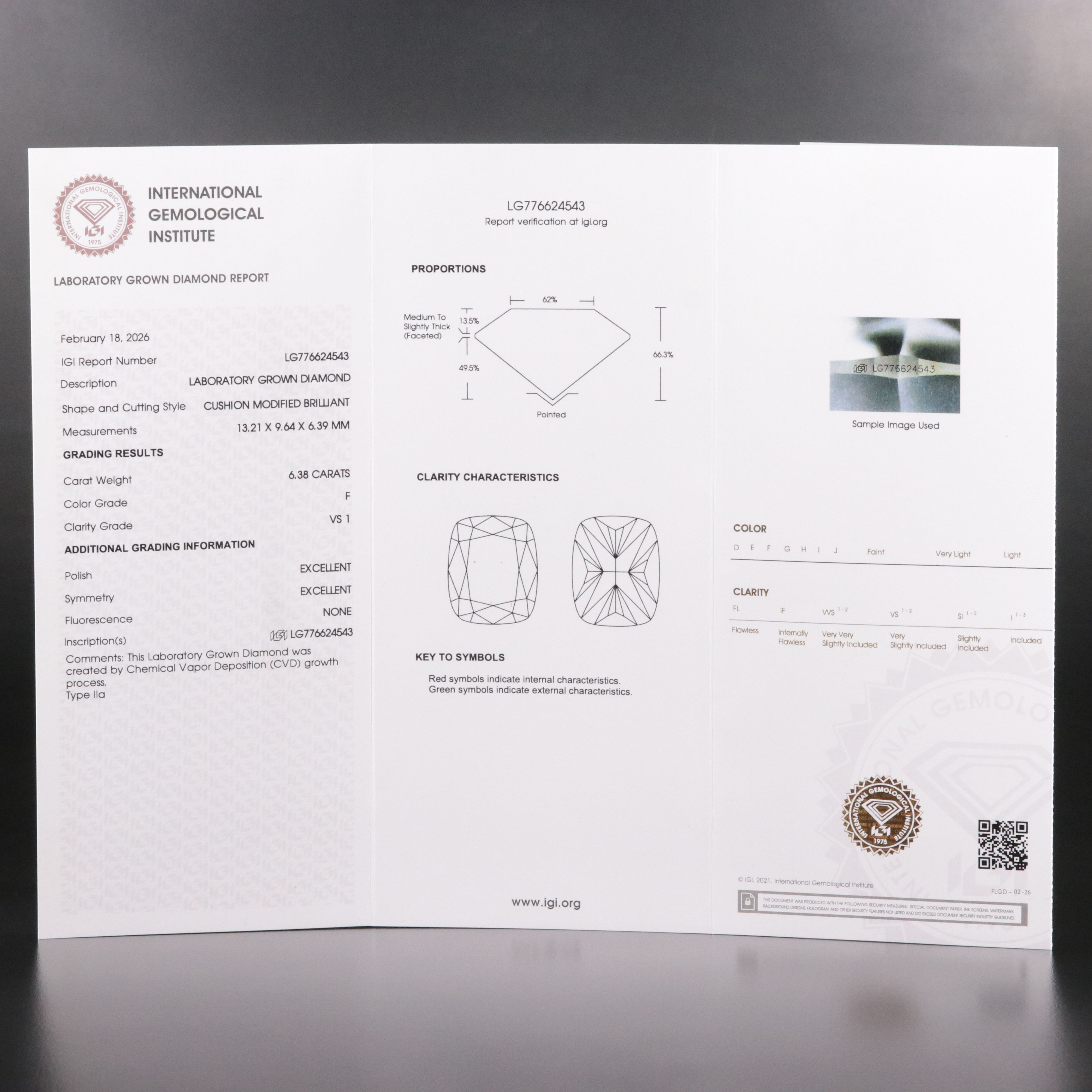 Loose 6.38 CT Lab Grown Diamond with IGI Report