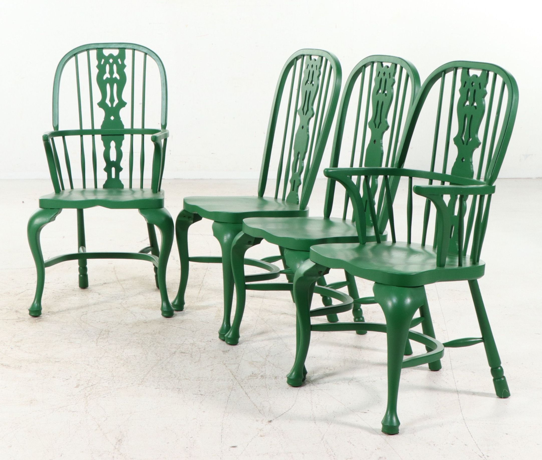 Set of Four Green-Painted Windsor Style Dining Chairs, Late 20th Century
