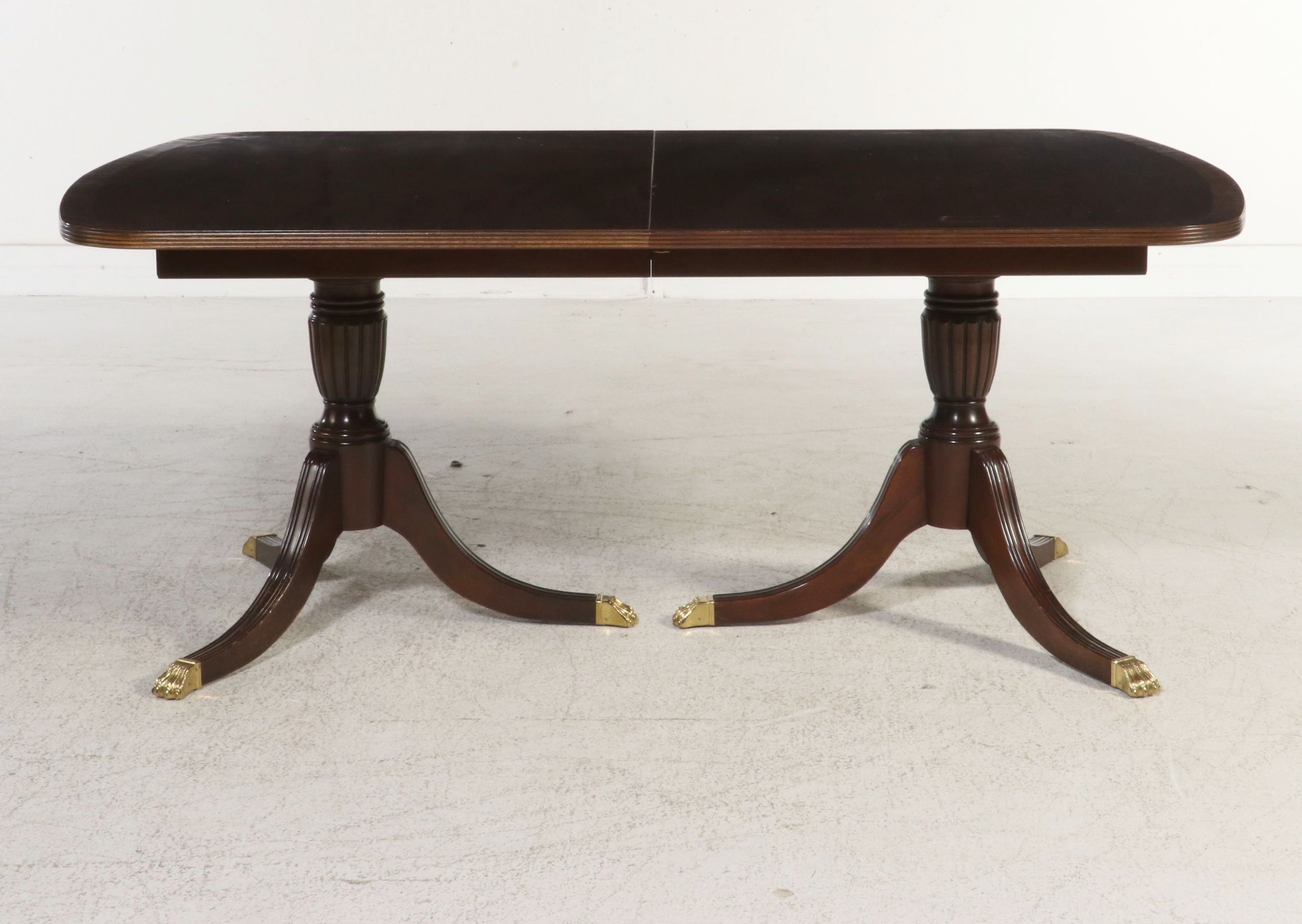 Knob Creek Neoclassical Style Banded Mahogany Double Pedestal Dining Table