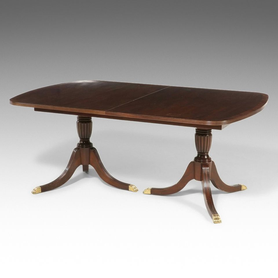 Knob Creek Neoclassical Style Banded Mahogany Double Pedestal Dining Table