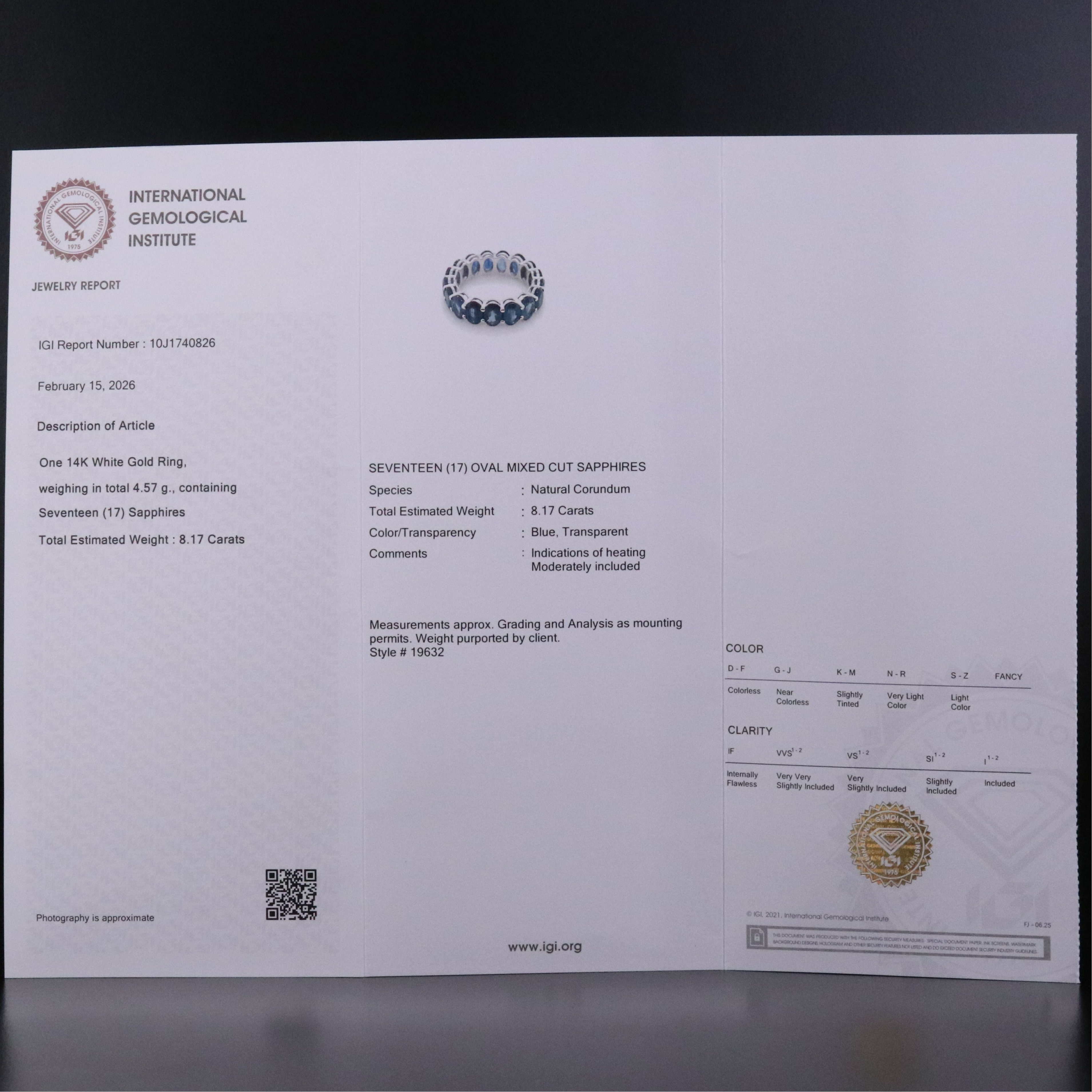 14K Sapphire Eternity Band with IGI Jewelry Report