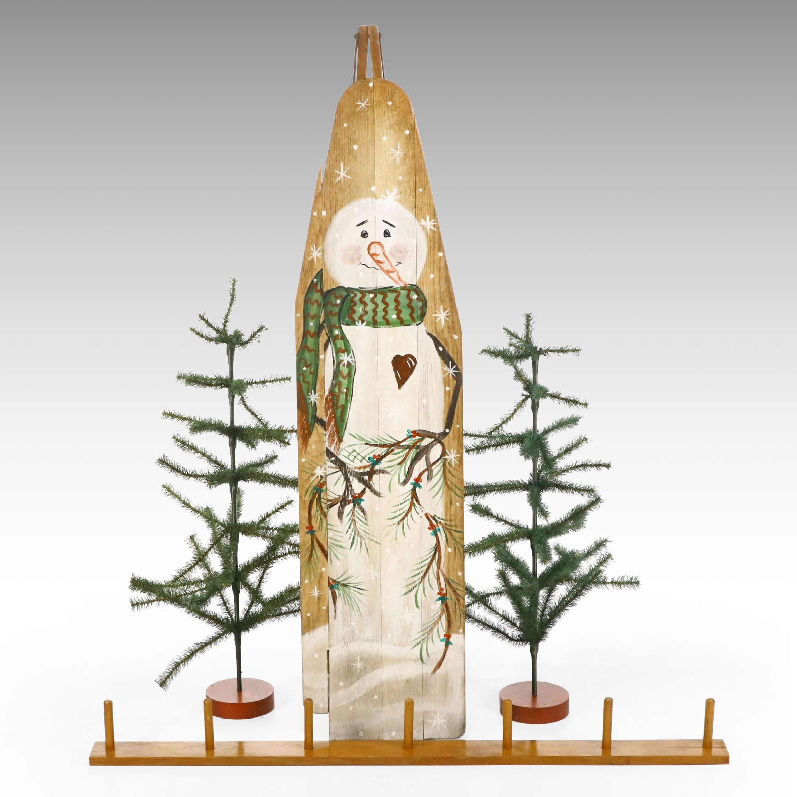 Rustic Hand-Painted Snowman on Wood Ironing Board with Hat Rack and Trees