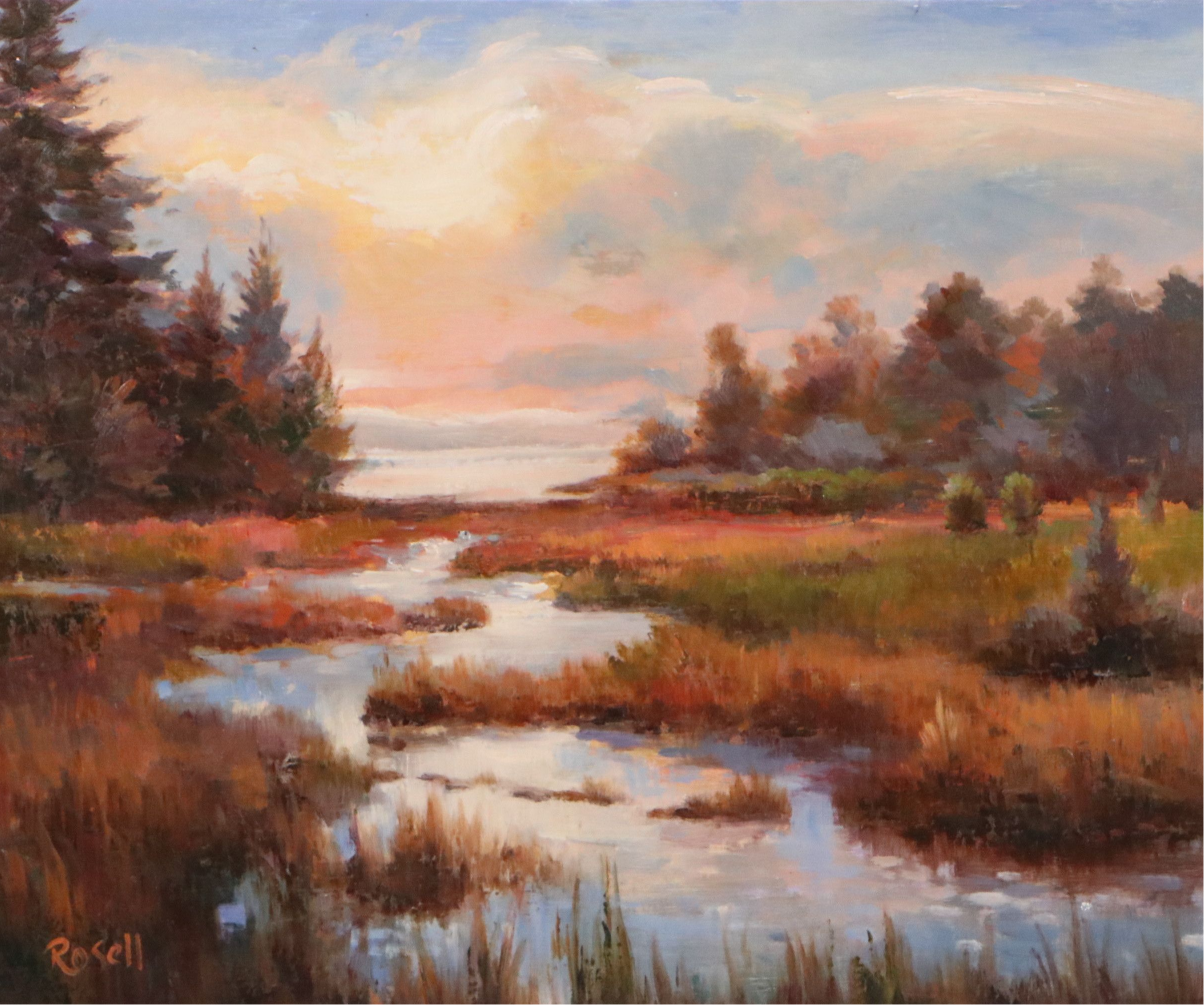 Juan Rosell Impressionistic Landscape Oil Painting of Autumn Stream