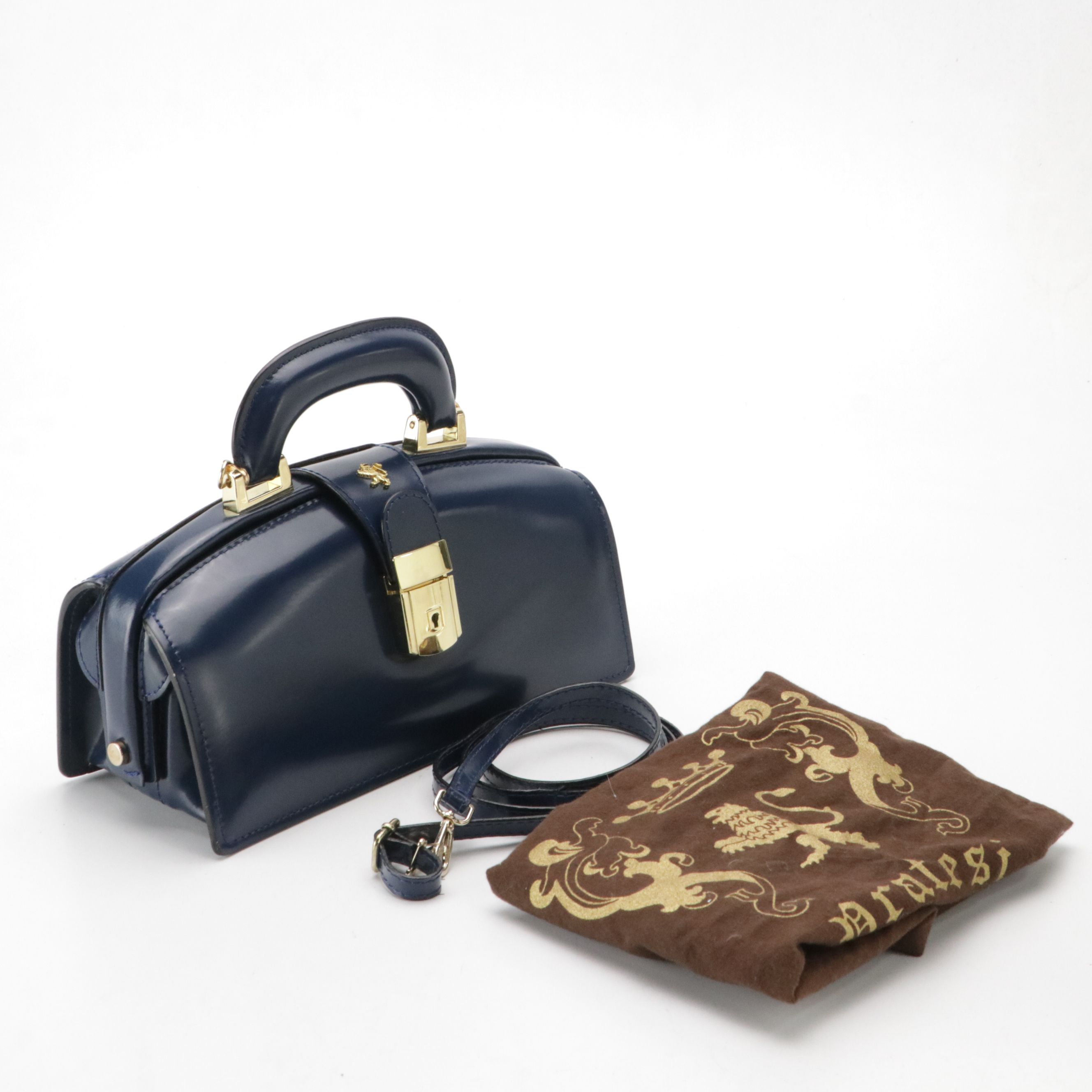 Pratesi Lady Brunelleschi Structured Two Way Bag in Dark Blue Smooth Leather