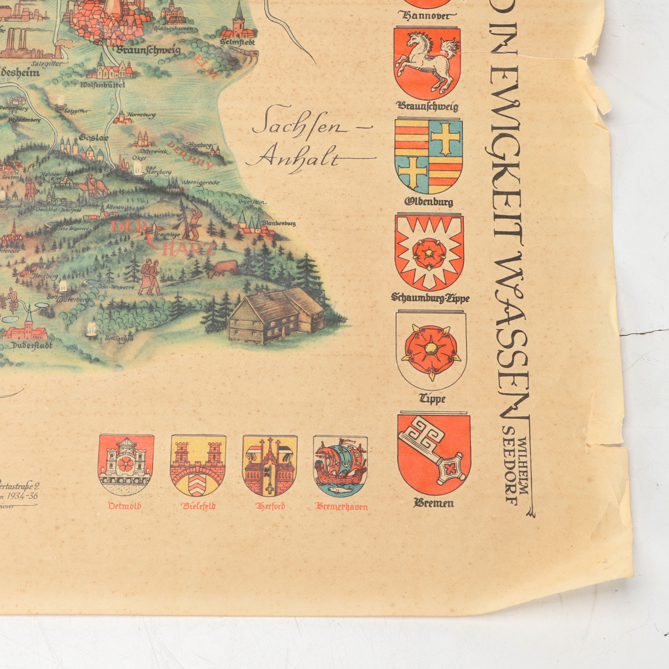 1936 German "Niedersachsen: Ein deutscher Kultur- und Lebensraum" Lithograph Map