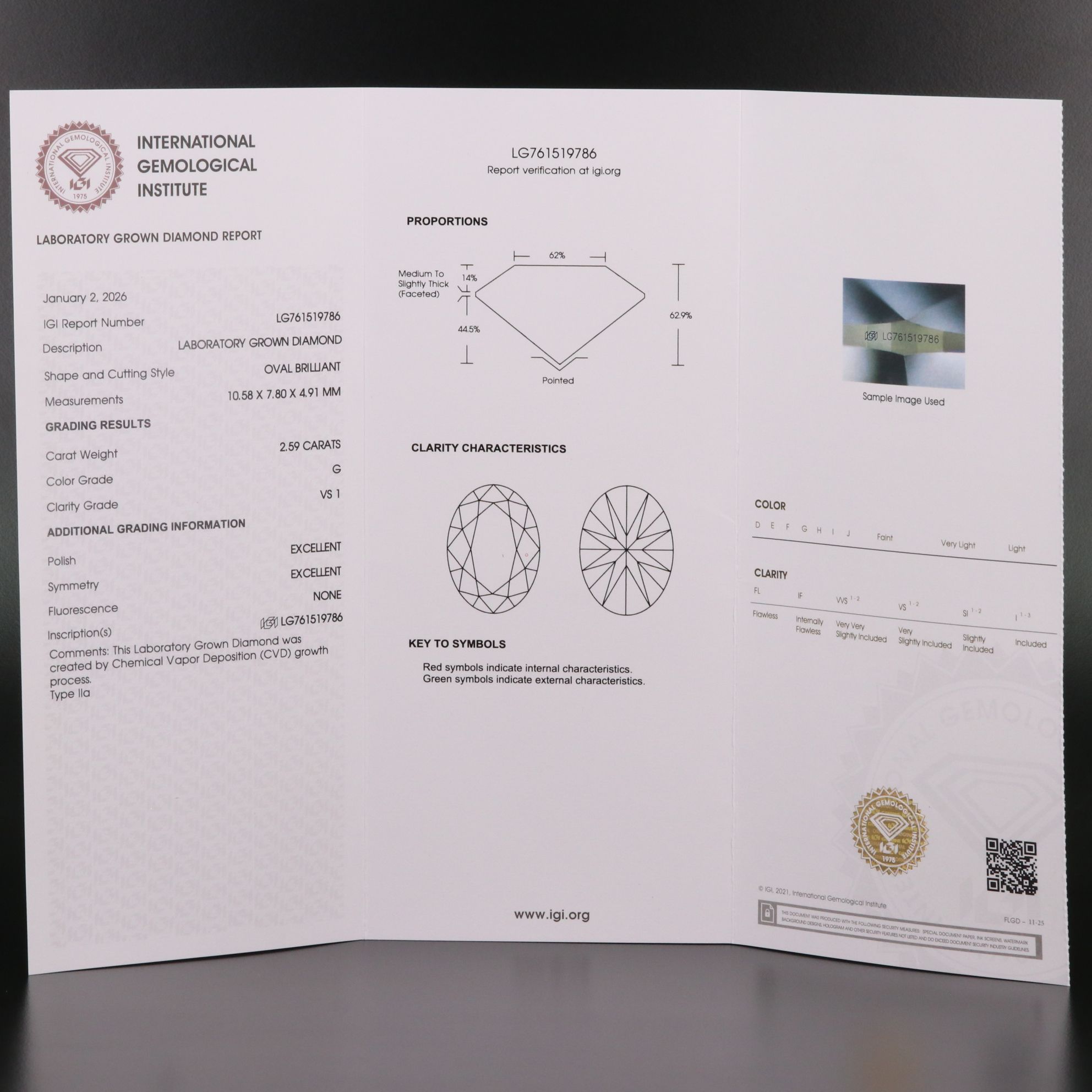 Loose 2.59 CT Lab Grown Diamond with IGI Report