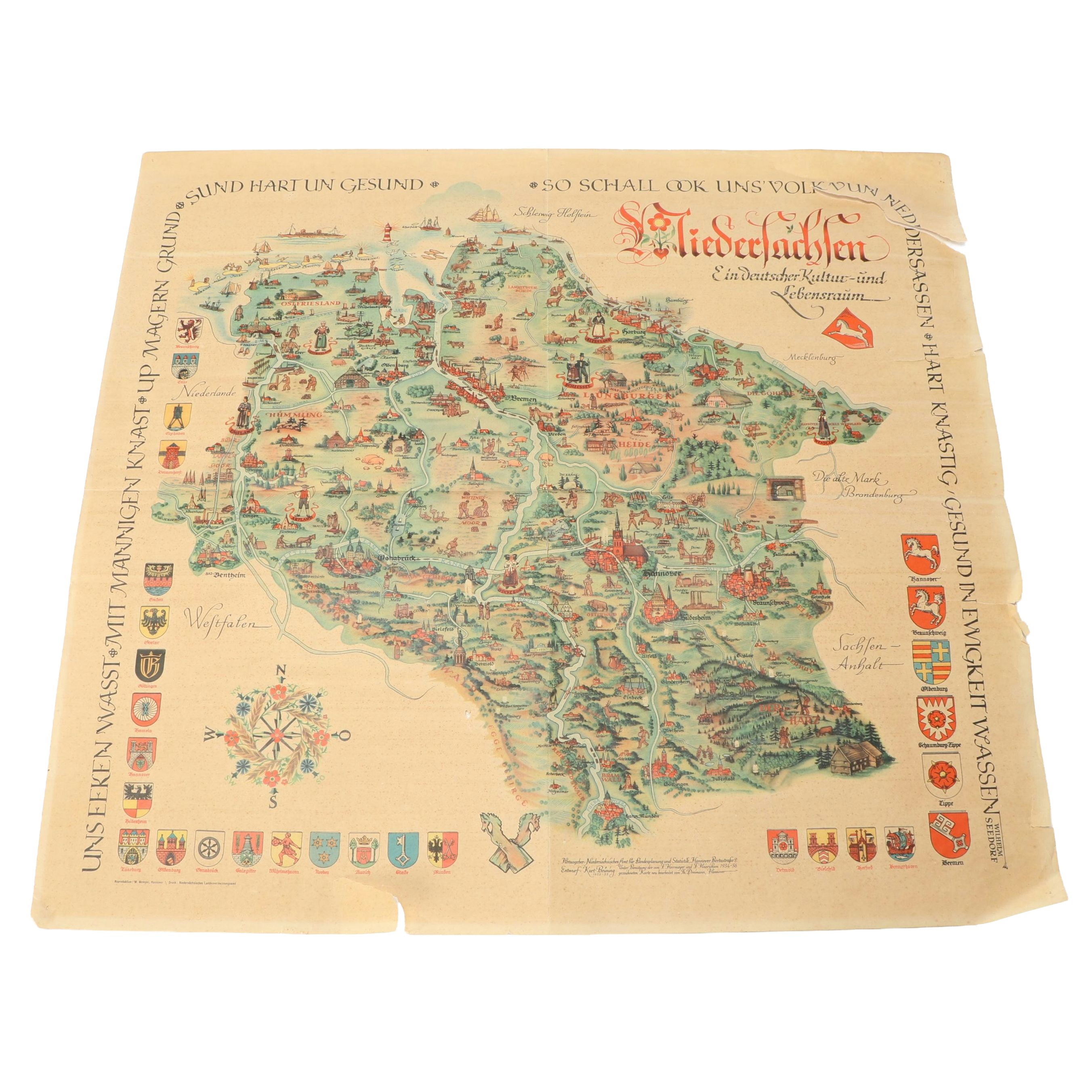 1936 German "Niedersachsen: Ein deutscher Kultur- und Lebensraum" Lithograph Map