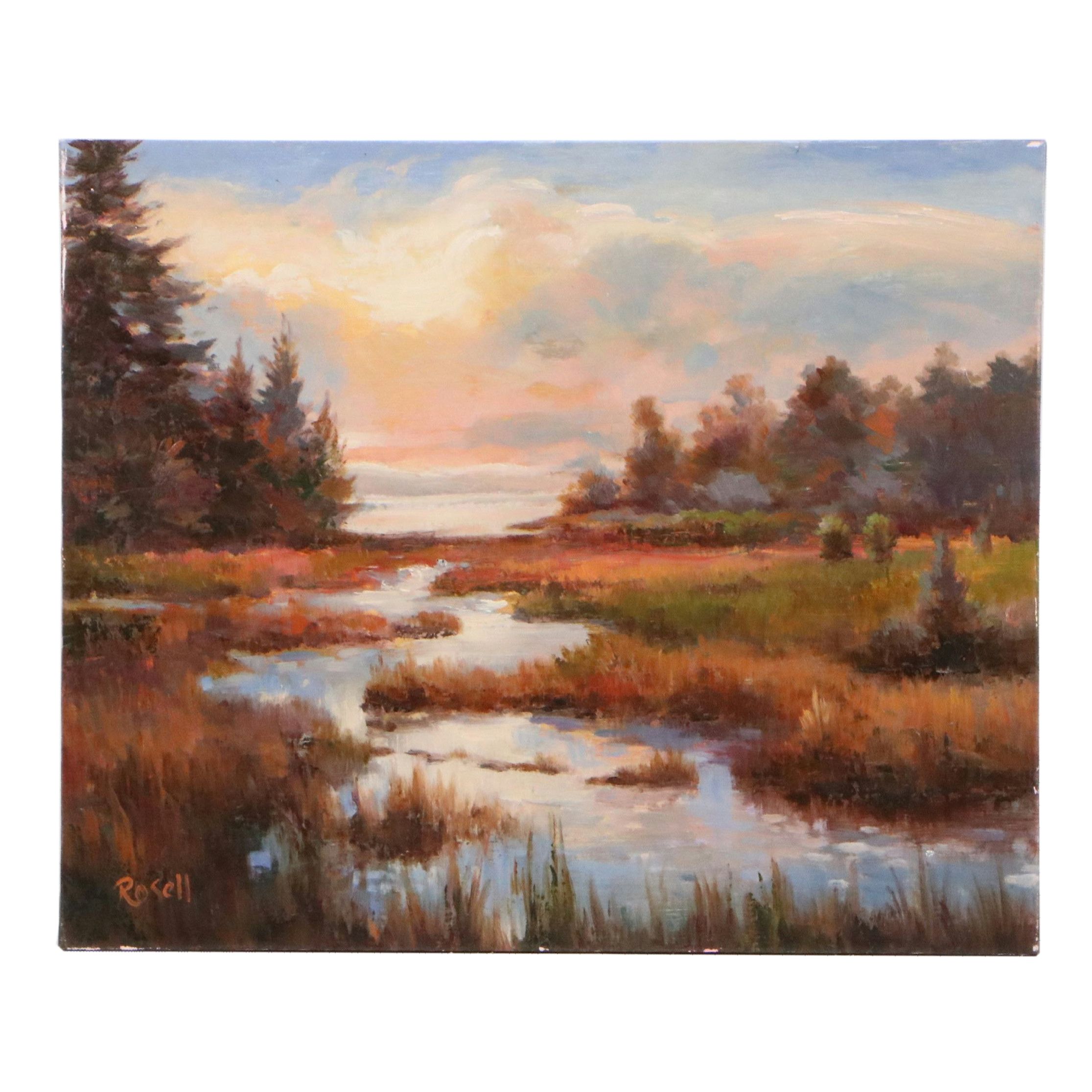 Juan Rosell Impressionistic Landscape Oil Painting of Autumn Stream