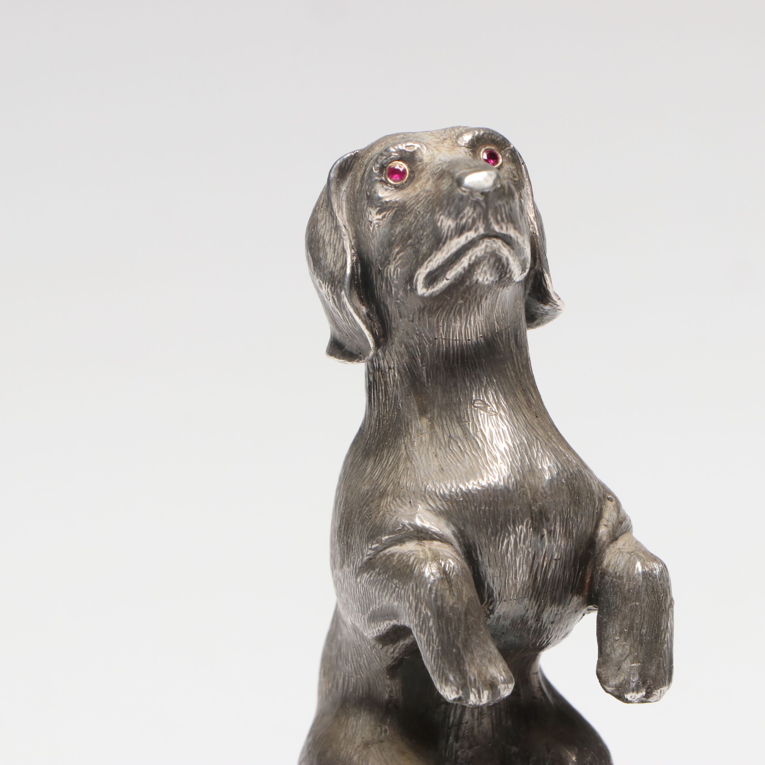 Sterling Dachshund Figurine with Red Stone Eyes on Composite Malachite Base