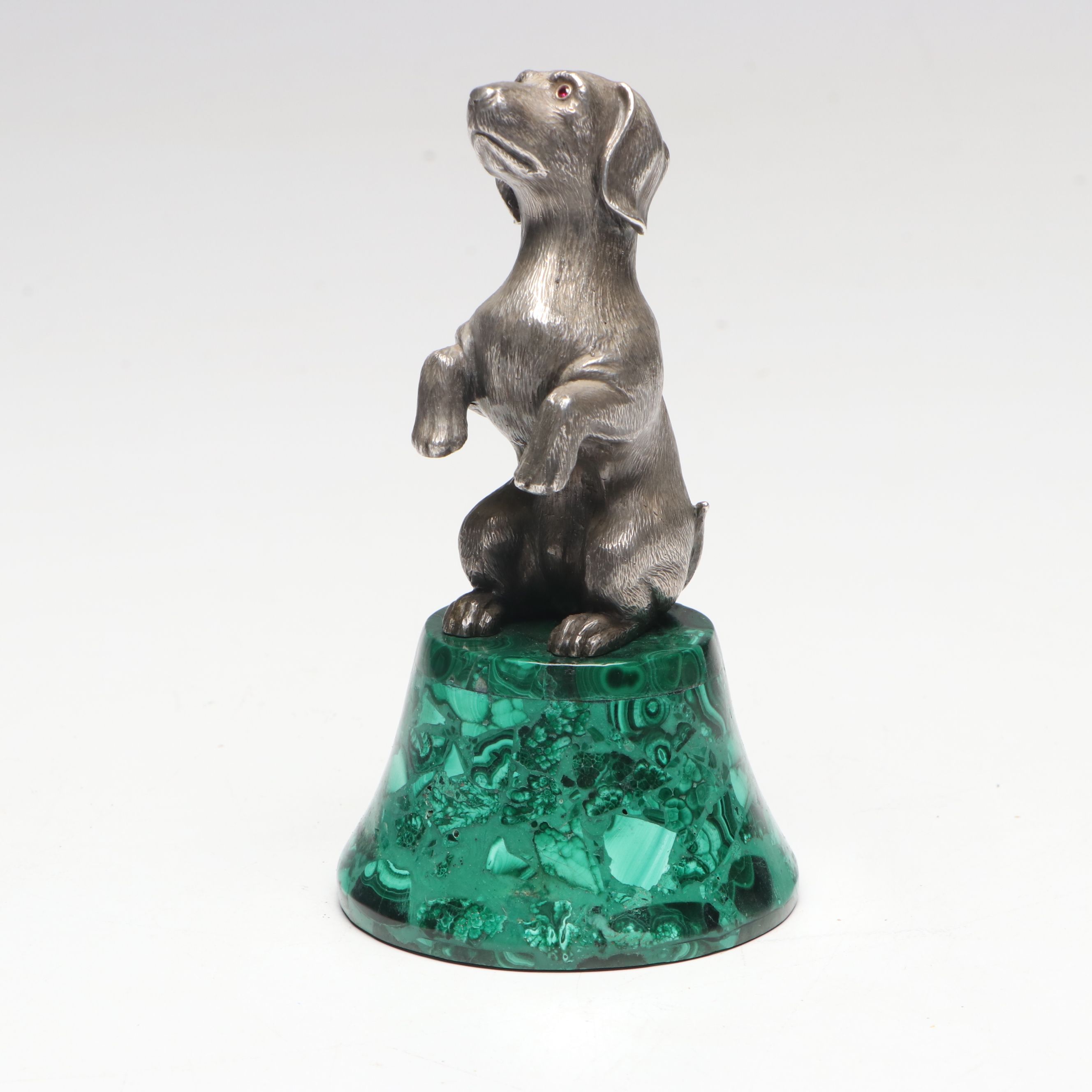 Sterling Dachshund Figurine with Red Stone Eyes on Composite Malachite Base