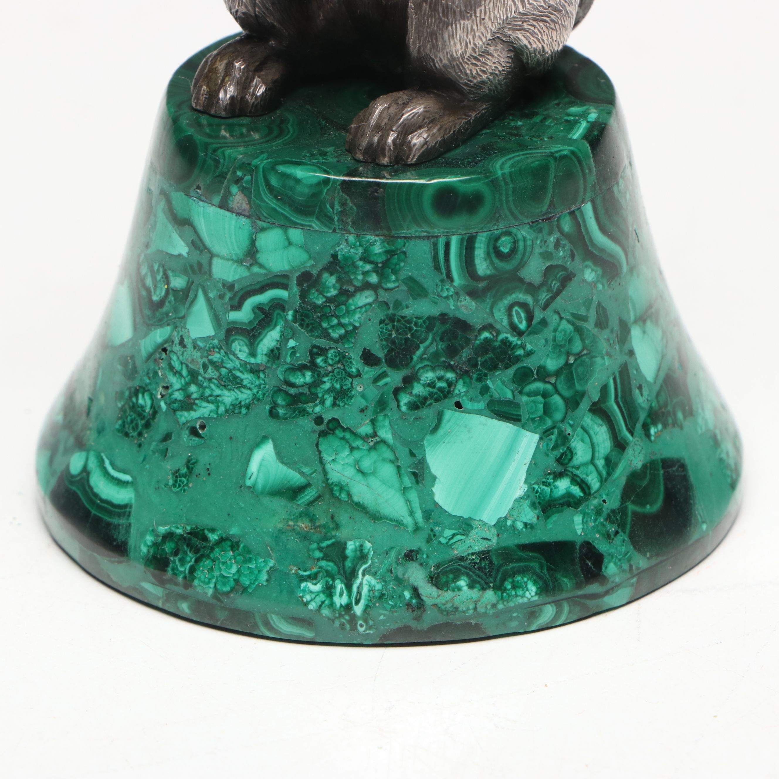 Sterling Dachshund Figurine with Red Stone Eyes on Composite Malachite Base