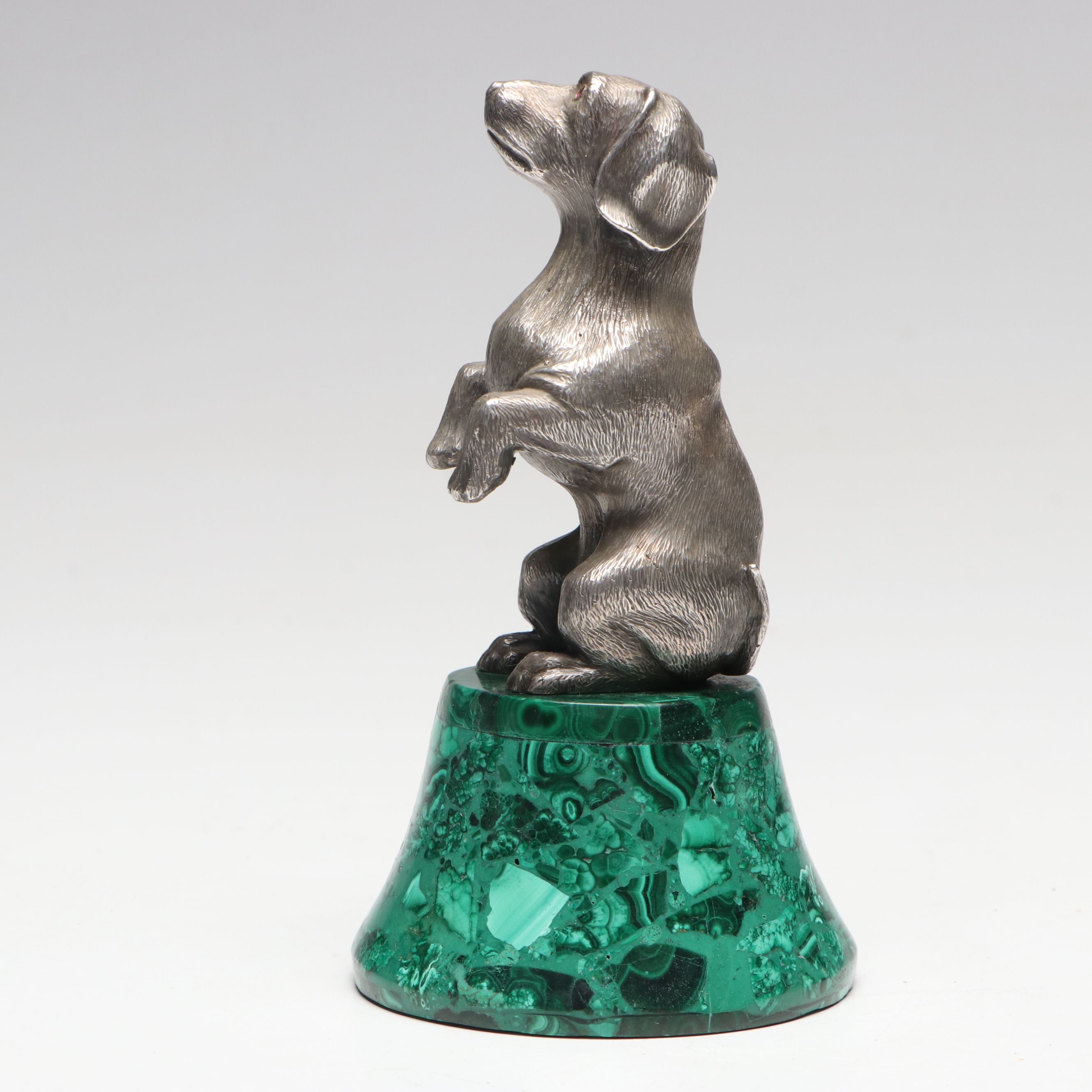 Sterling Dachshund Figurine with Red Stone Eyes on Composite Malachite Base