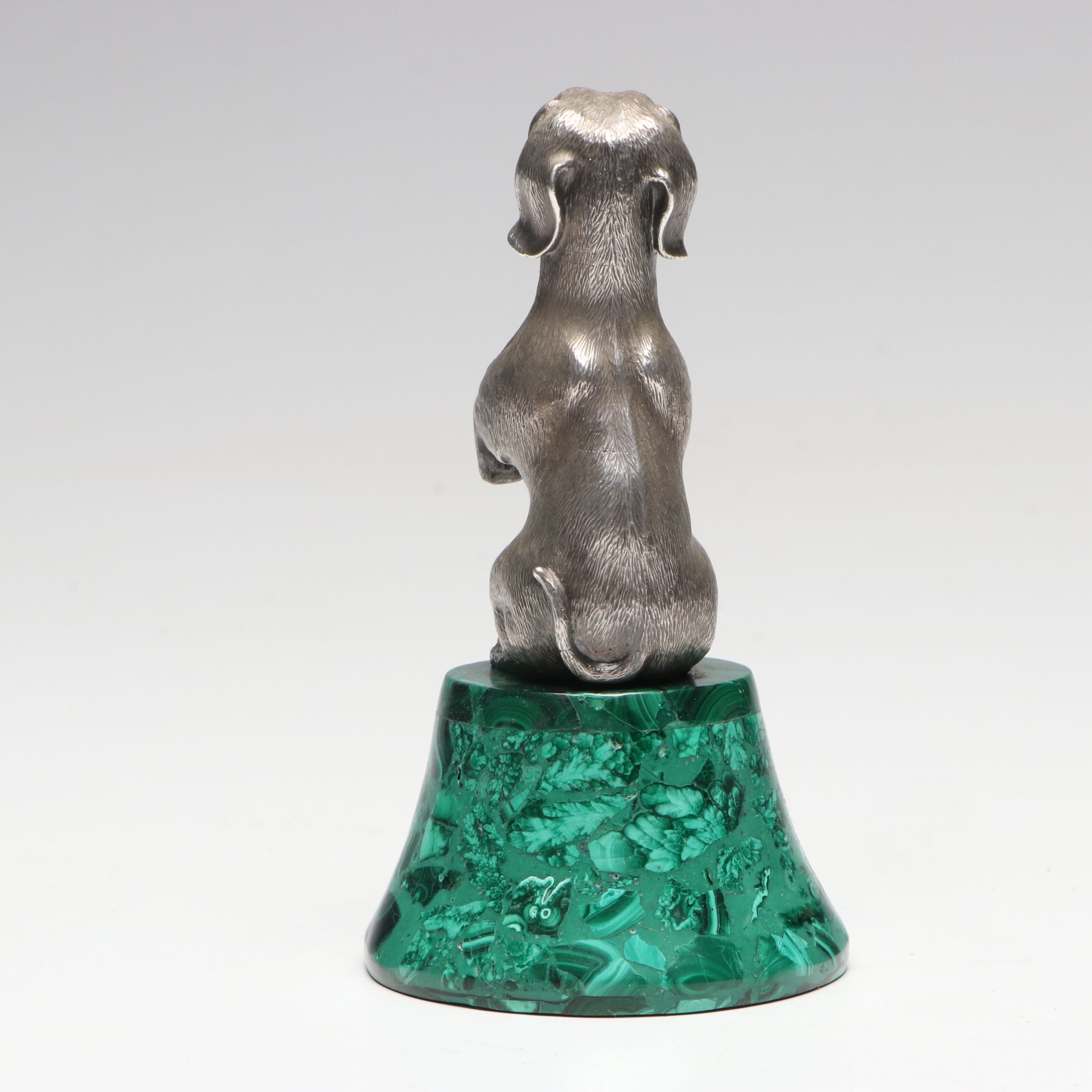 Sterling Dachshund Figurine with Red Stone Eyes on Composite Malachite Base