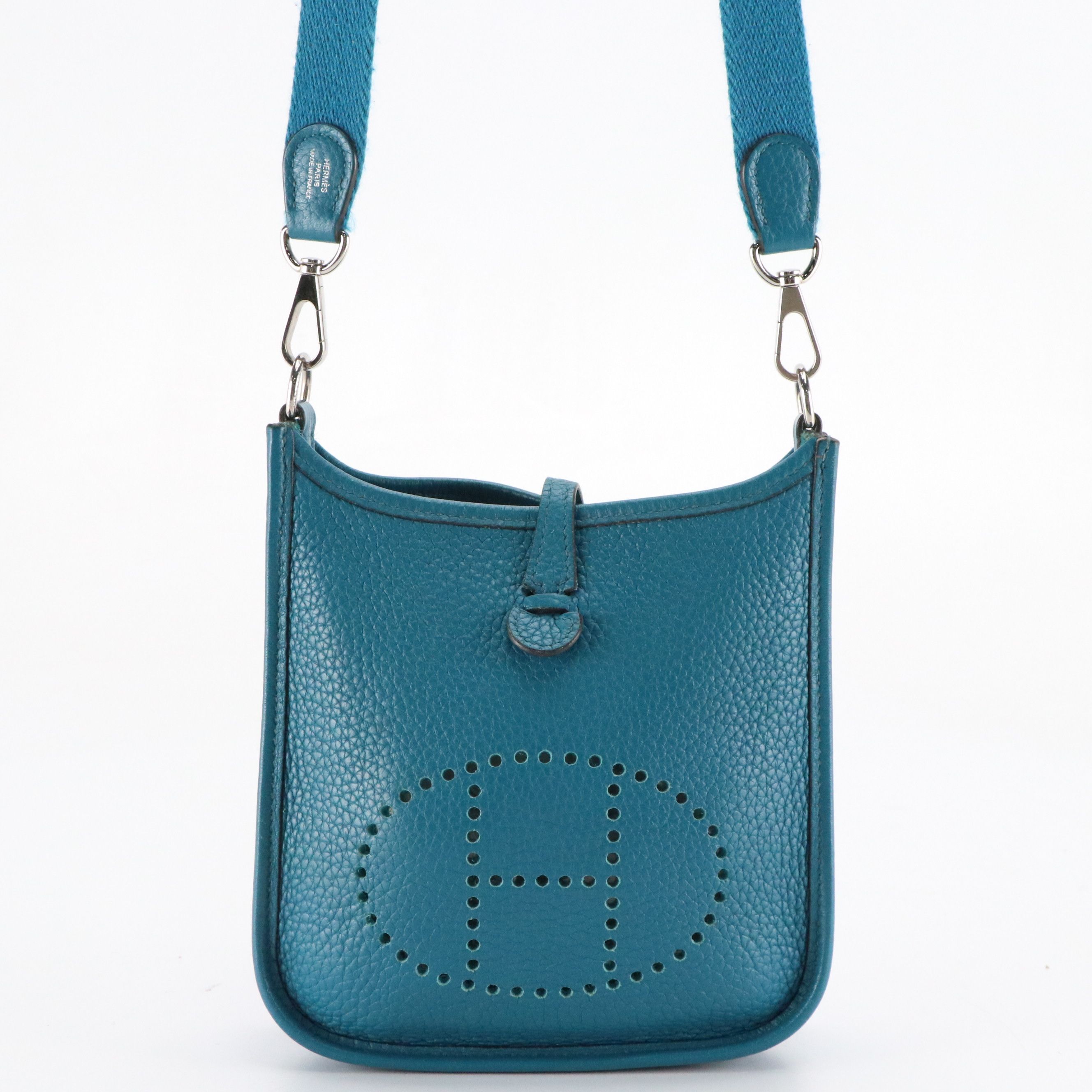 Hermès Evelyne Mini Crossbody Bag in Blue Jean Clemence Leather