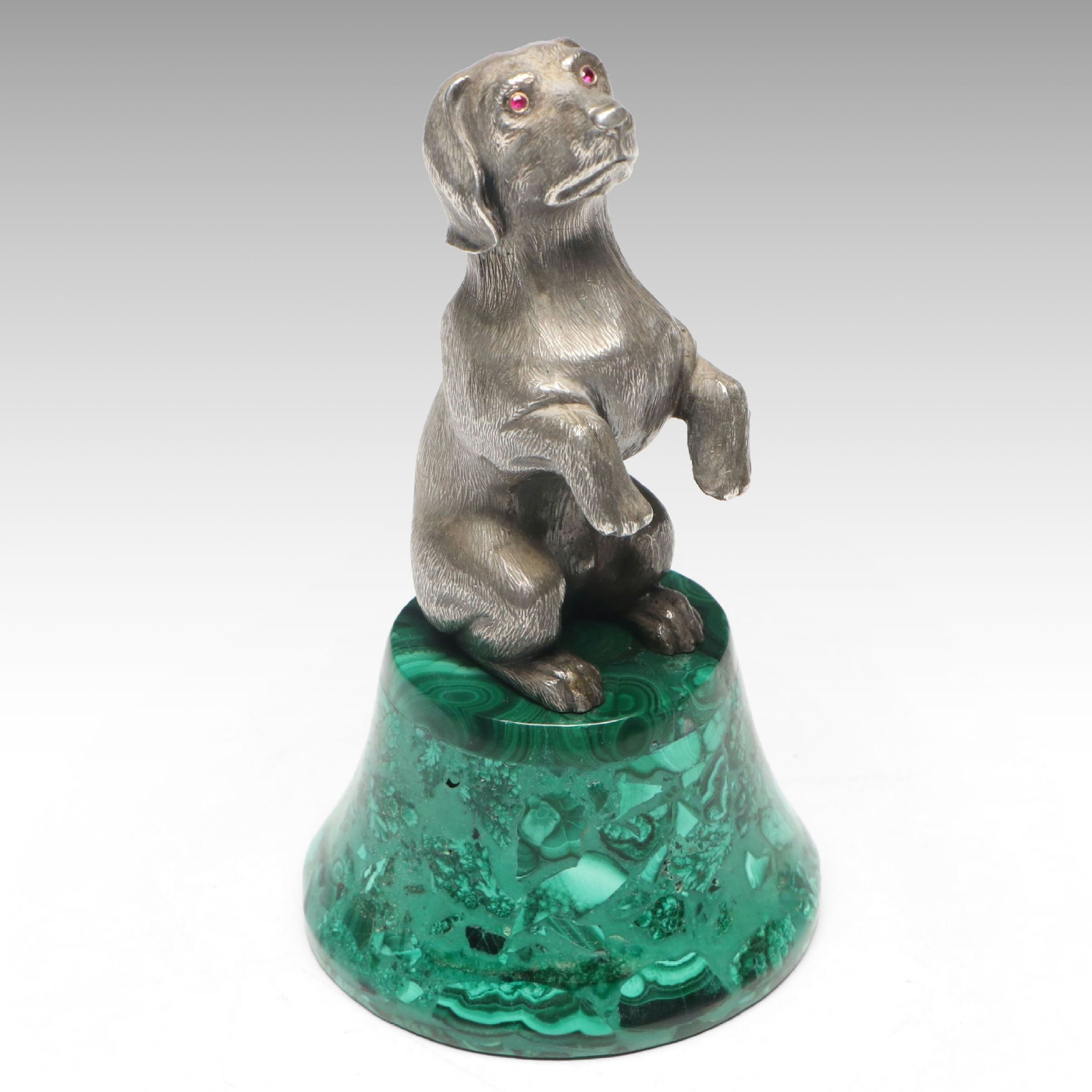 Sterling Dachshund Figurine with Red Stone Eyes on Composite Malachite Base